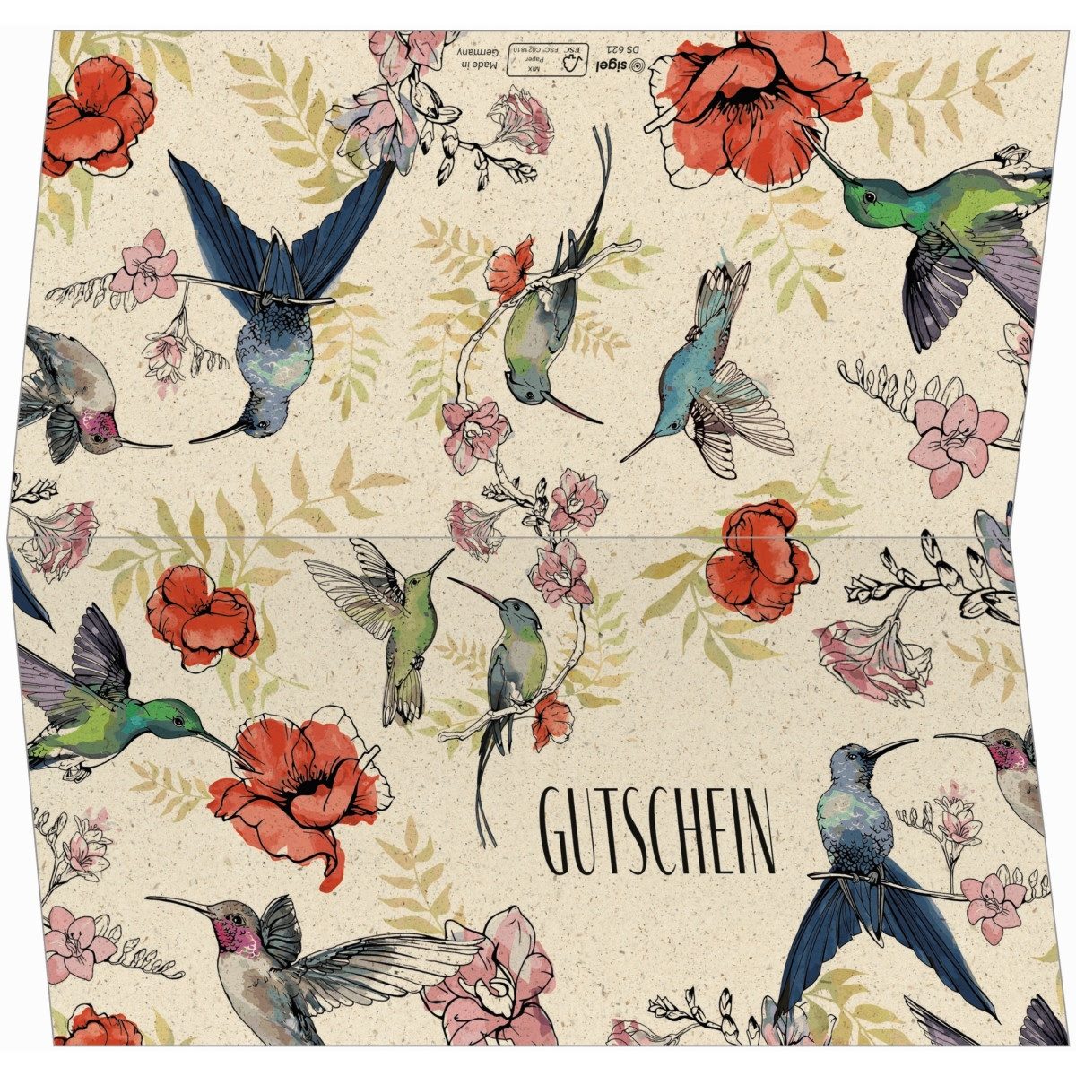 Sigel Klappkarte Gutscheinkarte DL 240g Graskarton Hummingbirds and flowers 10+10 Stück