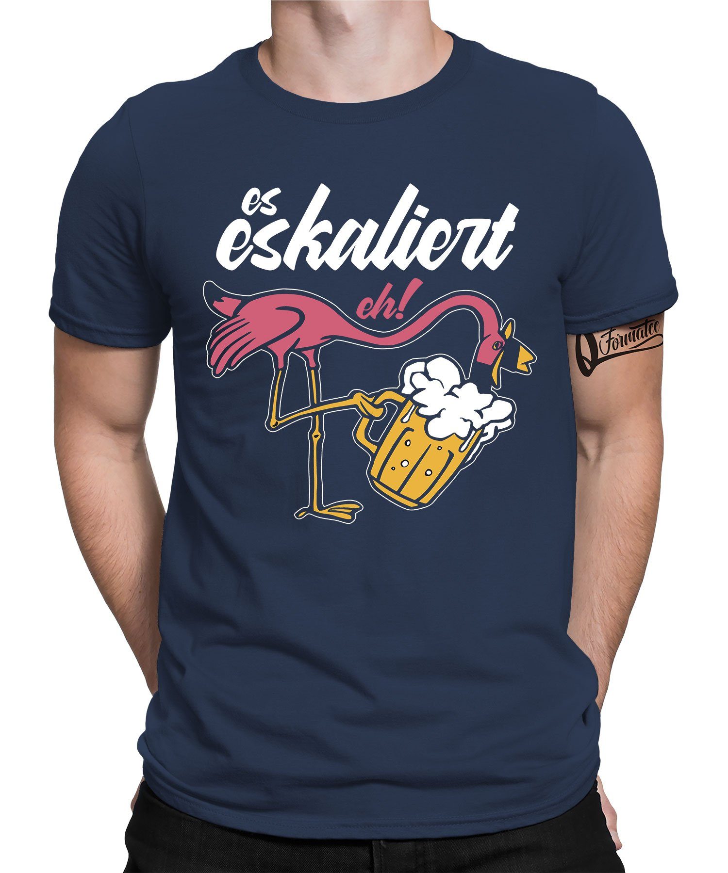 Quattro Formatee Kurzarmshirt Es Eskaliert Eh Flamingo Party Festival Karneval Fasching Bier - Lusti (1-tlg) Navy Blau
