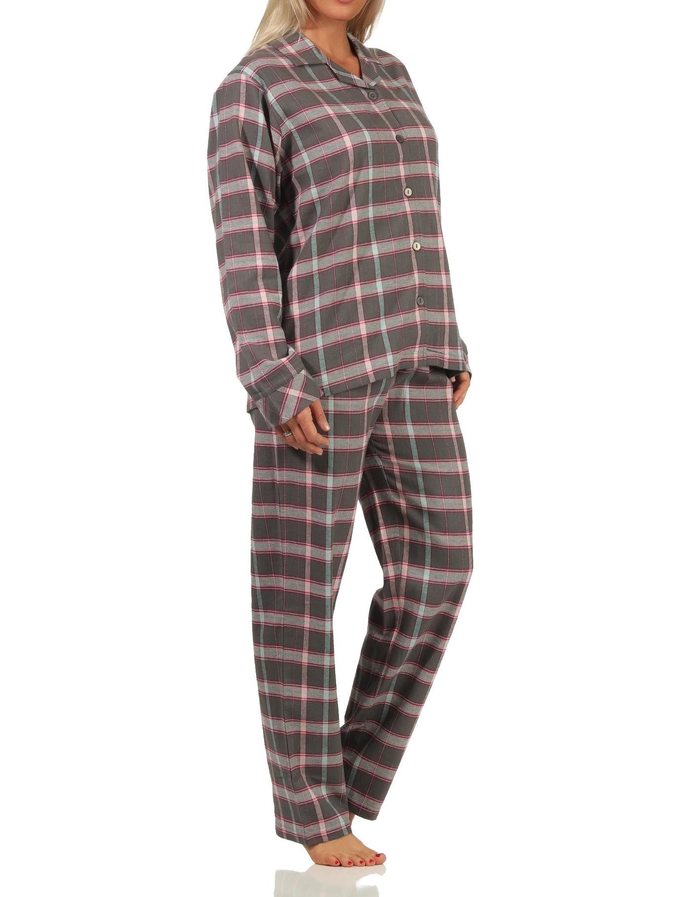Creative by Normann Pyjama Damen Flanell Schlafanzug kariert mit Knopfleiste und Hemdkragen