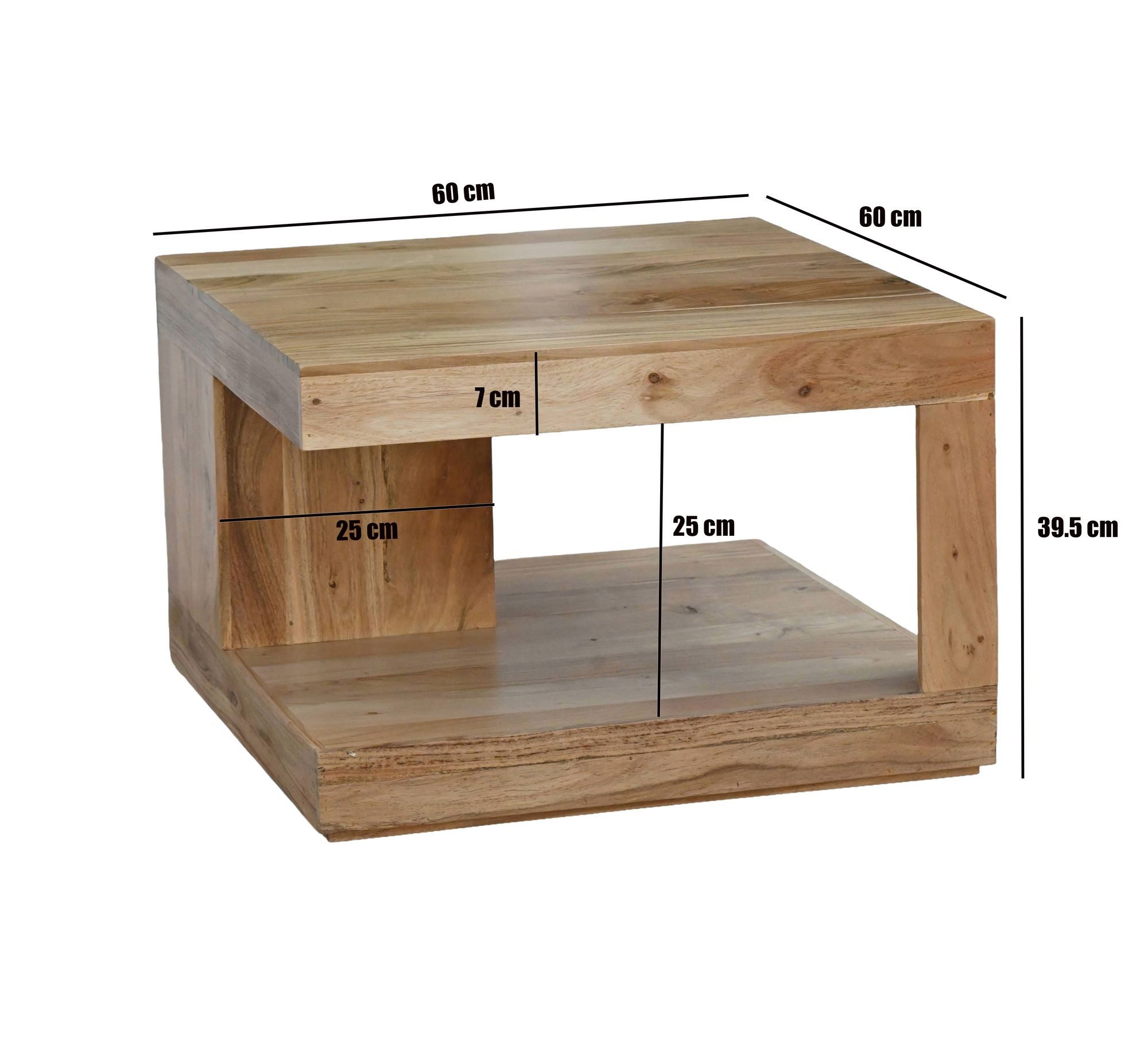 FINEBUY Couchtisch FB116674 Akazie Massivholz 60cm Wohnzimmertisch Beistelltisch Tisch (Quadratisches Designobjekt mit offener Form), Komplett aus massivem Akazienholz gefertigt
