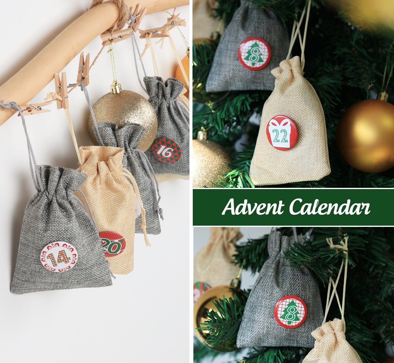 bunten Homewit Christbaumschmuck Beige+Grau Weihnachtskalender (12 beige, + (24-tlg), 24 Stoffbeutel grau) 12 Adventskalendertaschen Adventskalendersäckchen Buttons