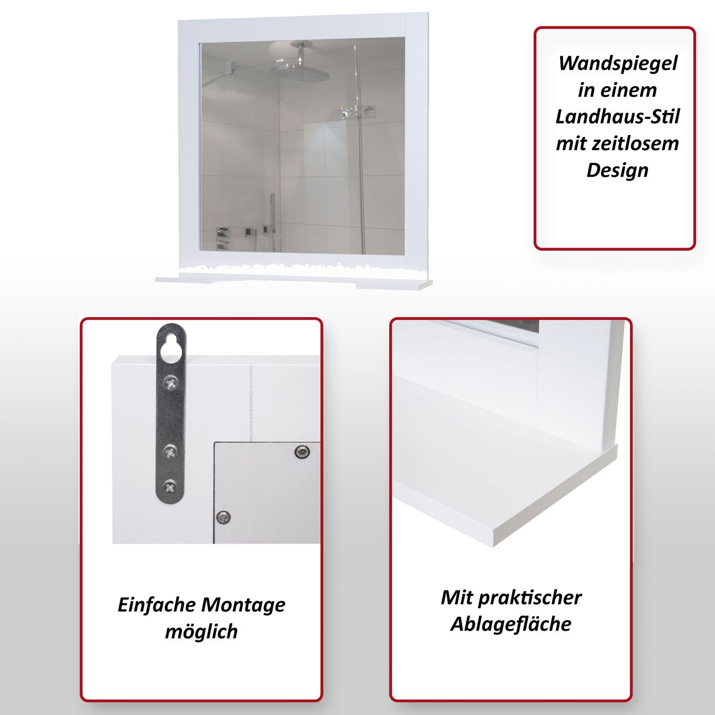 MCW Wandspiegel MCW-F75-S, Mit Ablagefläche, Zeitloses Design, Inkl. Befestigungsmaterial