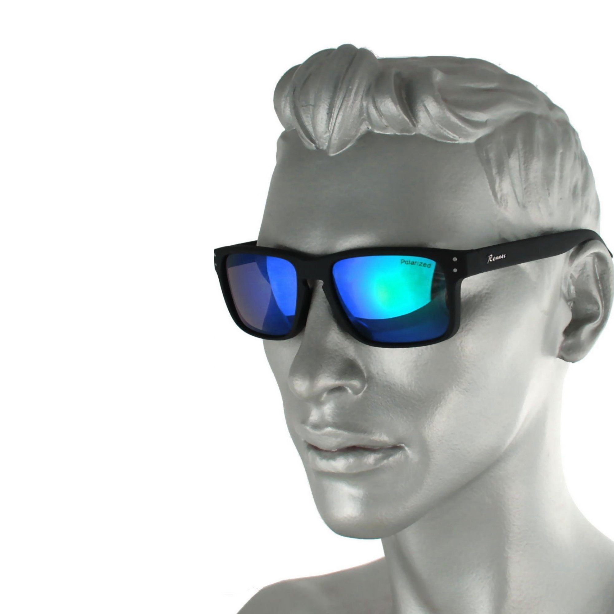 Rennec Sonnenbrille (Herren Markenbrille mit Brillenbeutel) Gläser Polarisiert Grün Blau Verspiegelt stabile 3in2 Bügelgelenke
