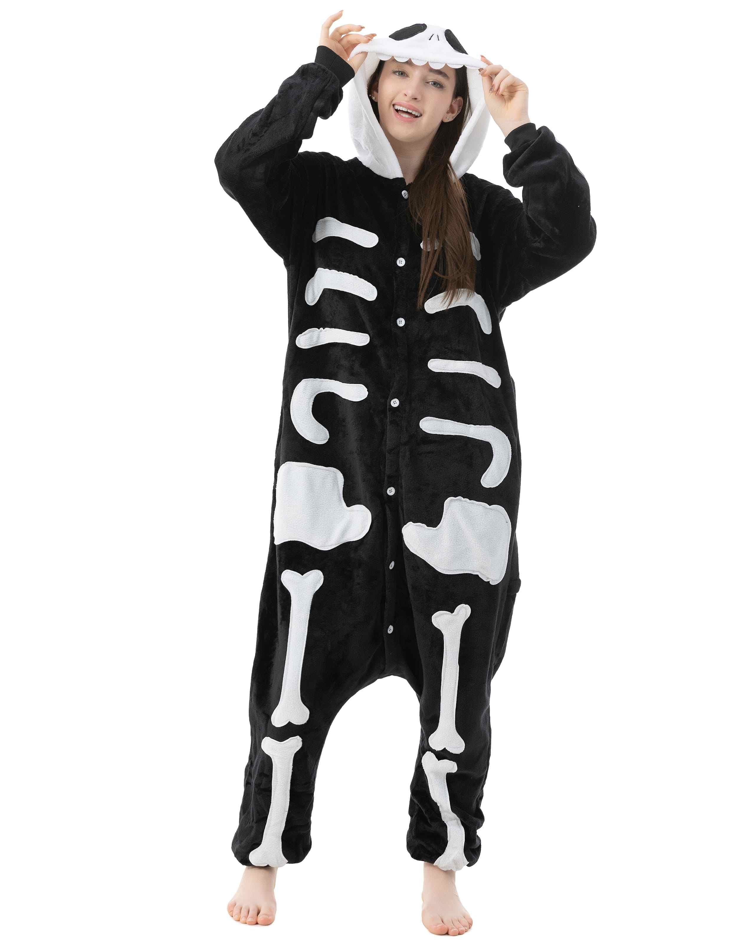 Katara Partyanzug Fantasy Figuren Jumpsuit Kostüm Erwachsene S-XL, Karneval - Kostüm, Kigurumi - Skelett schwarz/weiß XL (175-185cm)