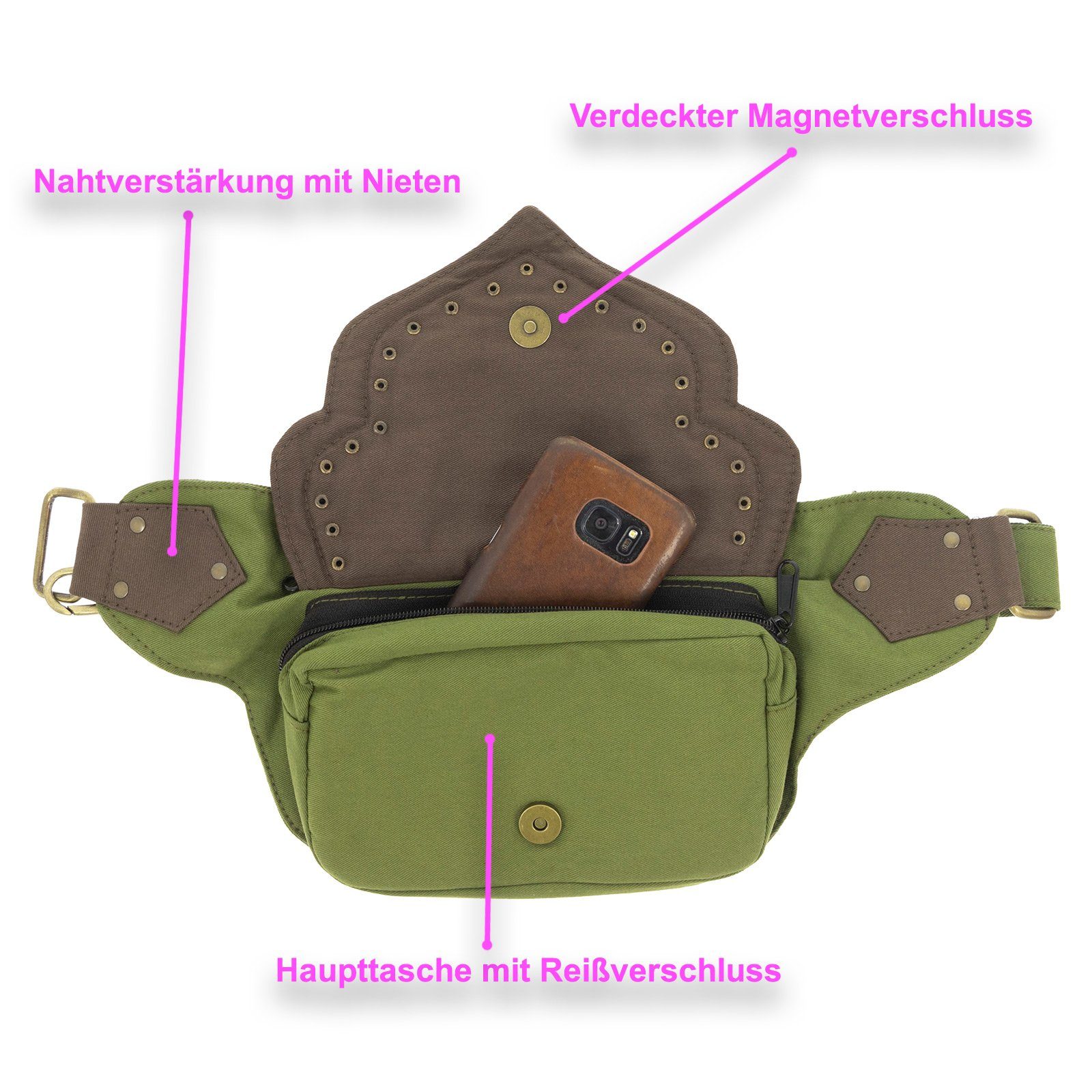 KUNST UND MAGIE Hüfttasche Sidebag Gürteltasche Bauchtasche Hippie Bauchtasche Medival Grün Bauchgurt