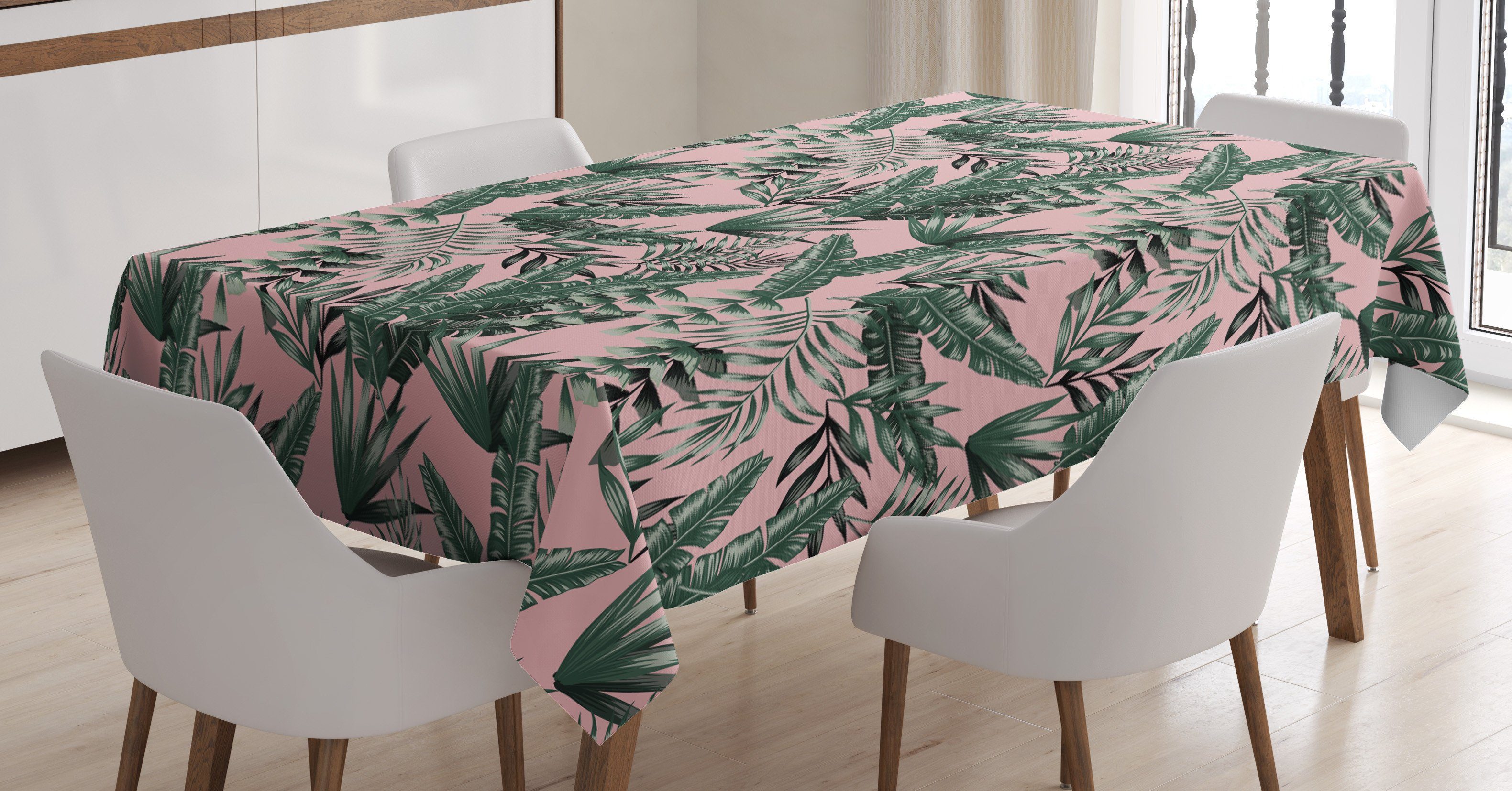 Abakuhaus Tischdecke Farbfest Waschbar Für den Außen Bereich geeignet Klare Farben, Laub Bananen-Blätter auf Pale Pink