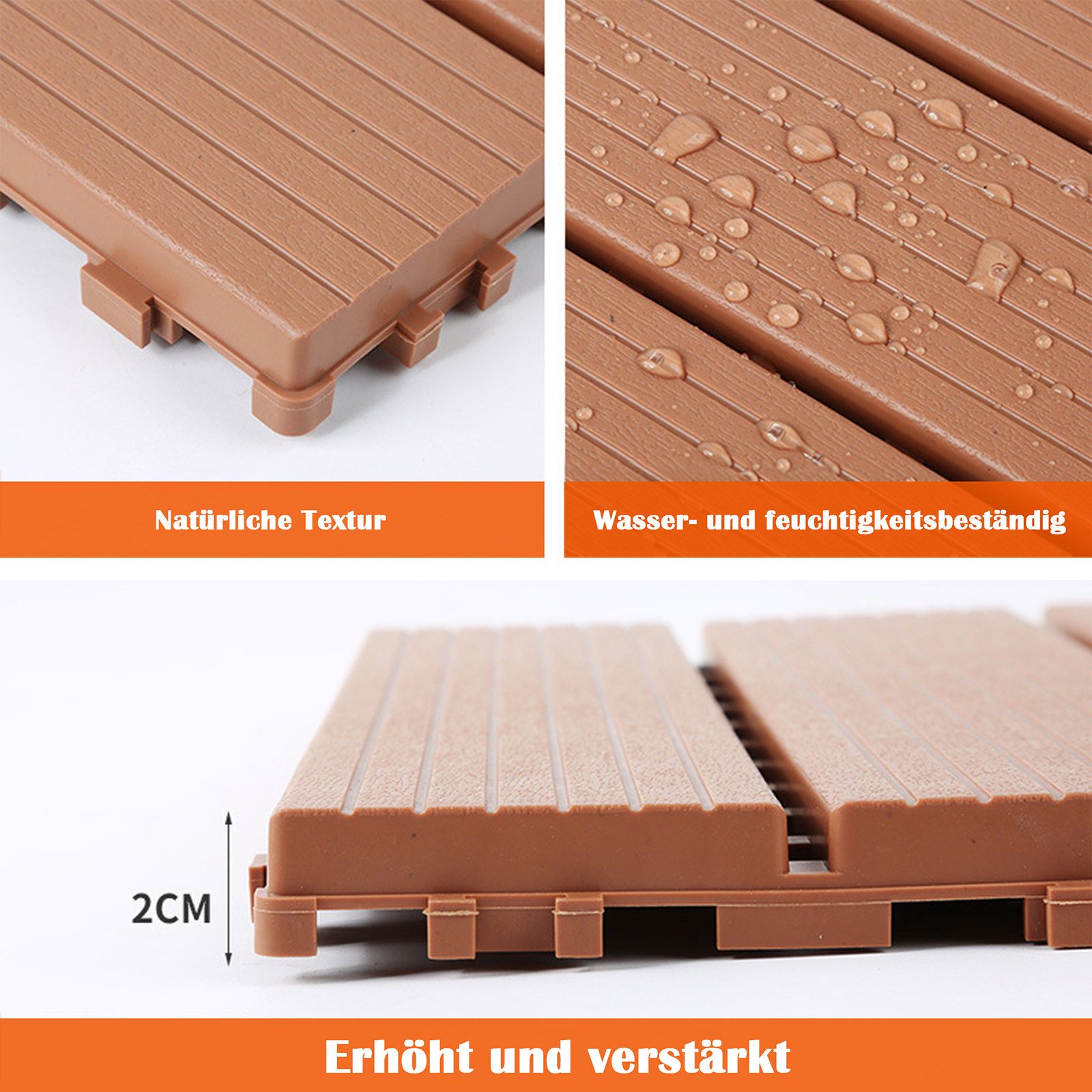 PFCTART Terrassendielen Terrassenfliesen mit Klicksystem, Kunststoff Bodenfliesen, 4,09 m², BxL: je 30.48x30.48 cm, 20 mm Stärke, (Set, 44-St., 30,48×30,48 cm, für Balkon, Terrasse, Garten & Innenbereich), Einfache Installation, wetterfest & pflegeleicht, Rutschfest