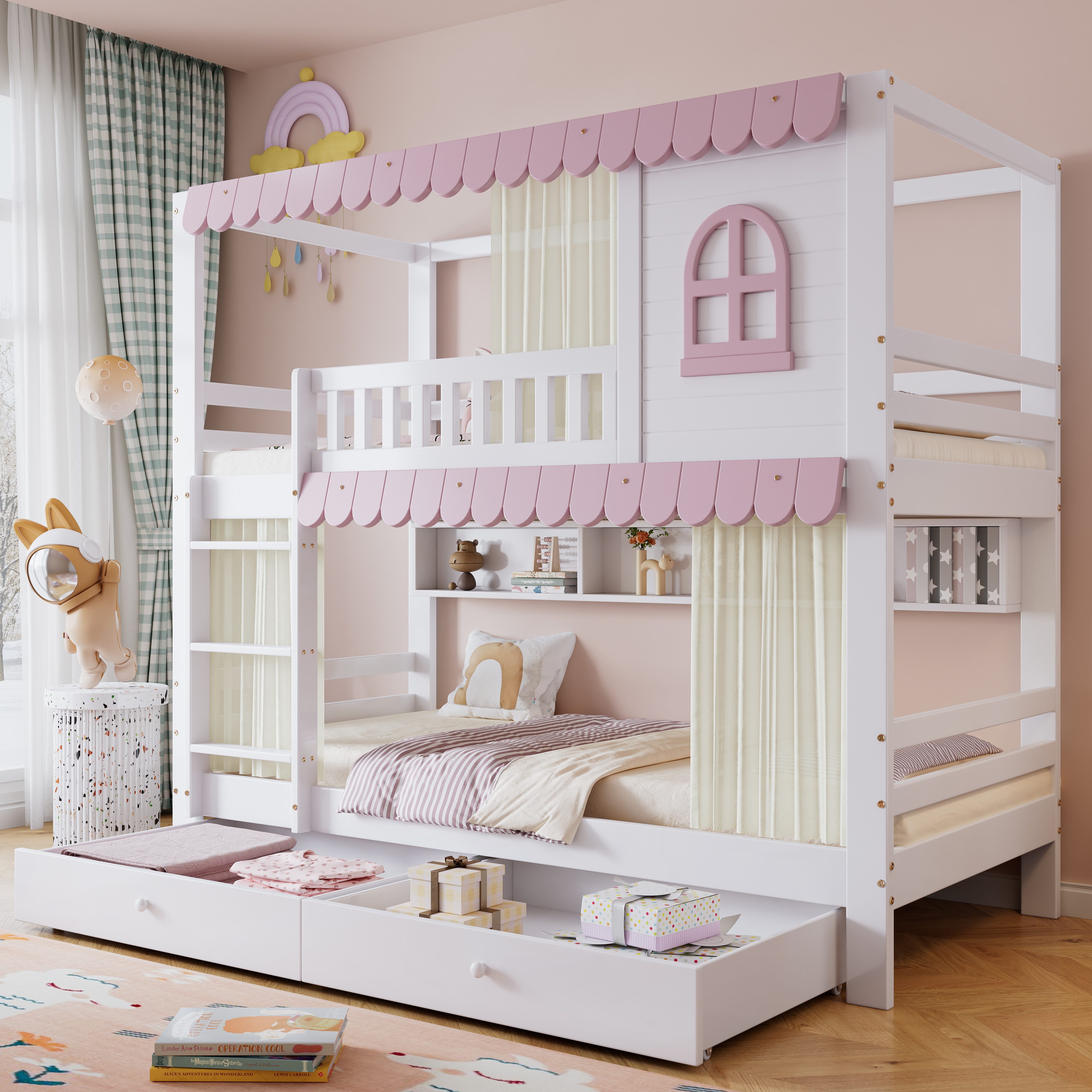 Flieks Etagenbett, Kinderbett 90x200cm mit Vorhänge, offenen Regal und 2 Sc günstig online kaufen