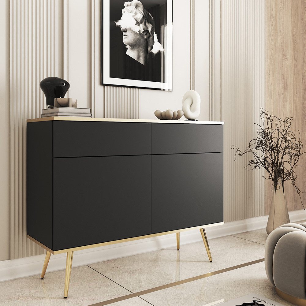Lomadox Wohnzimmer-Set OLOVO-160, (Mega-Spar-Set, 2-St., Schminktisch), Schwarz, goldene Highlights, Push-to-open, Metallbeine goldfarben