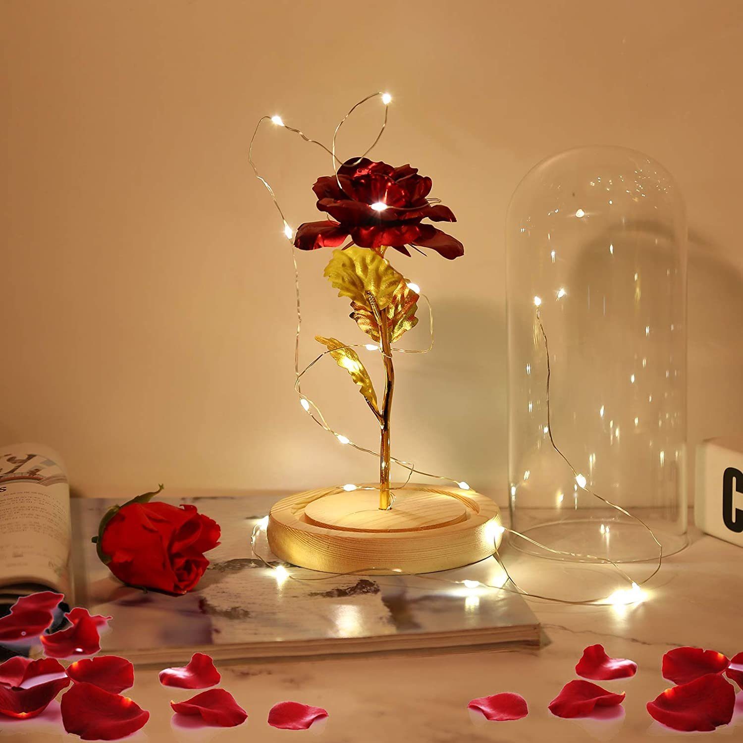 AKKEE, Frauen, Geburtstag im Frauen/Mama,Valentinstag mit Glas Geschenke für Weihnachten Muttertag Kunstblume Höhe Rose cm, Ewige 21 für LED-Licht,