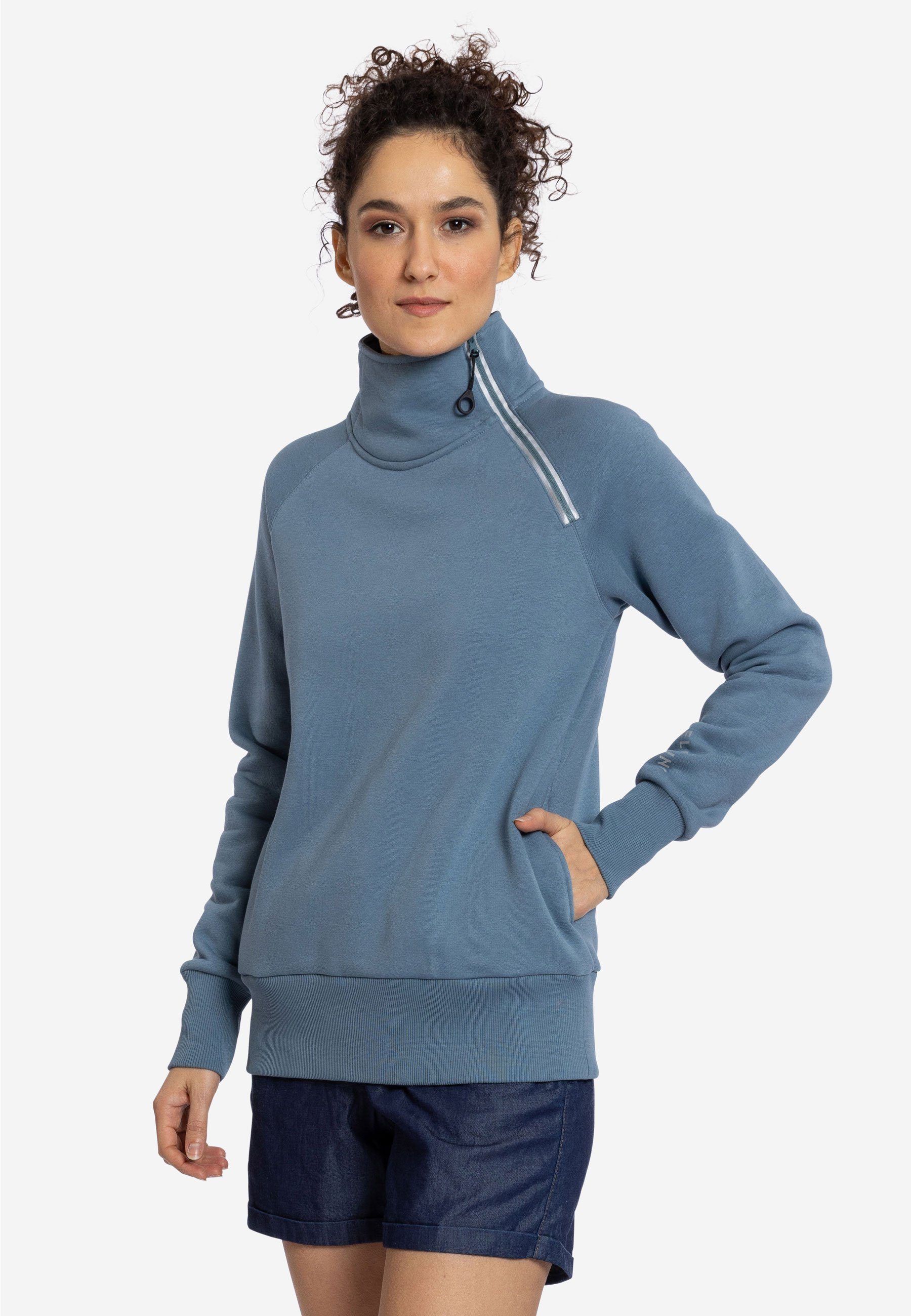 Elkline Sweatshirt Performance Stehkragen ashblue und mit Seitentaschen Reißverschluss