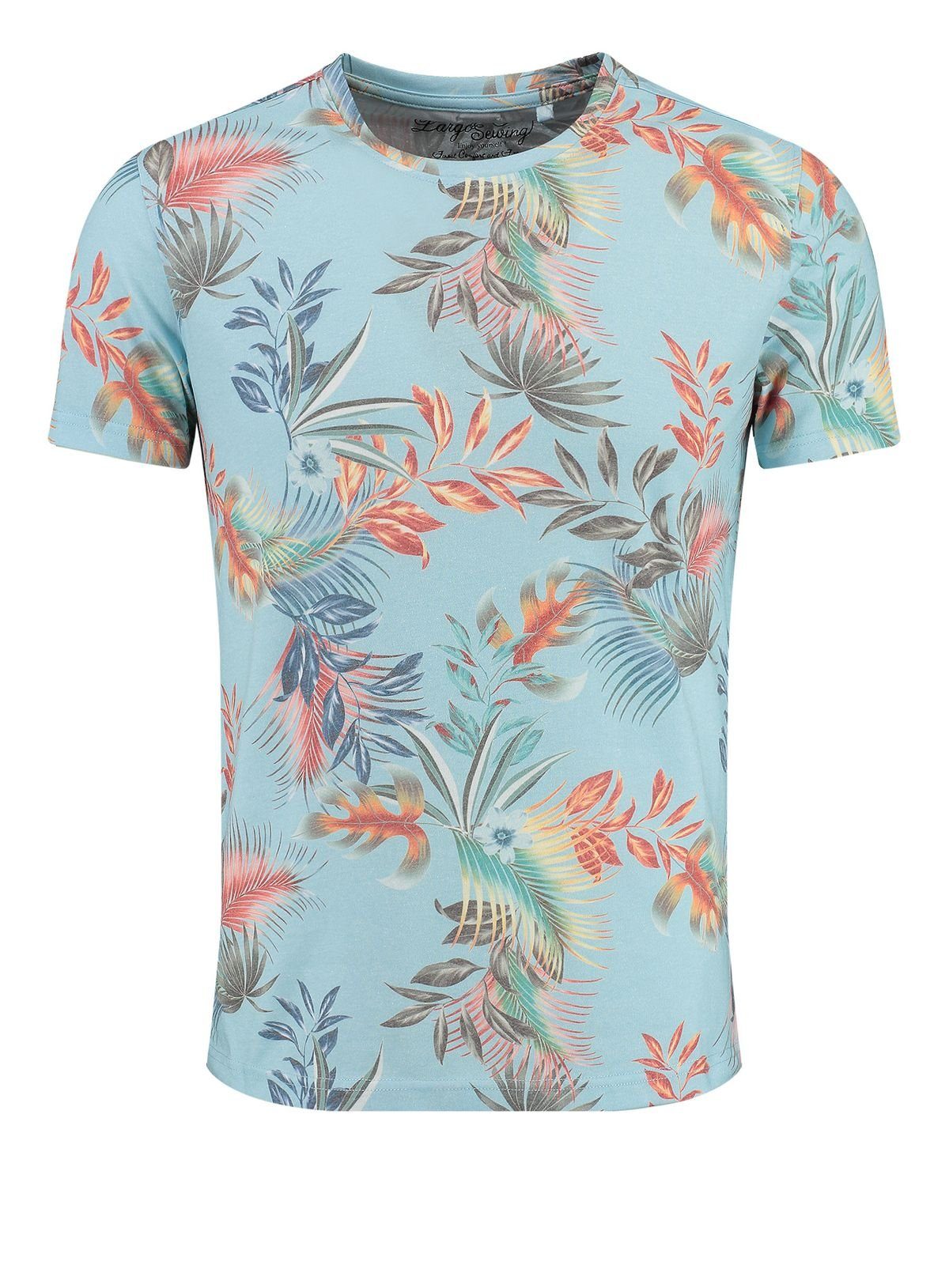 Key Largo T-Shirt MT00487 Palermo Hawaii Look Blumenmuster Rundhalsauschnitt allover Print kurzarm slim fit light blue (1216)