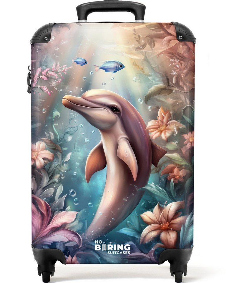 NoBoringSuitcases.com© Kinderkoffer Delfin und Fisch in der Unterwasserblumenwelt 55x35x20cm, Kinder Koffer Klein, Trolley Handgepäck, Reisekoffer