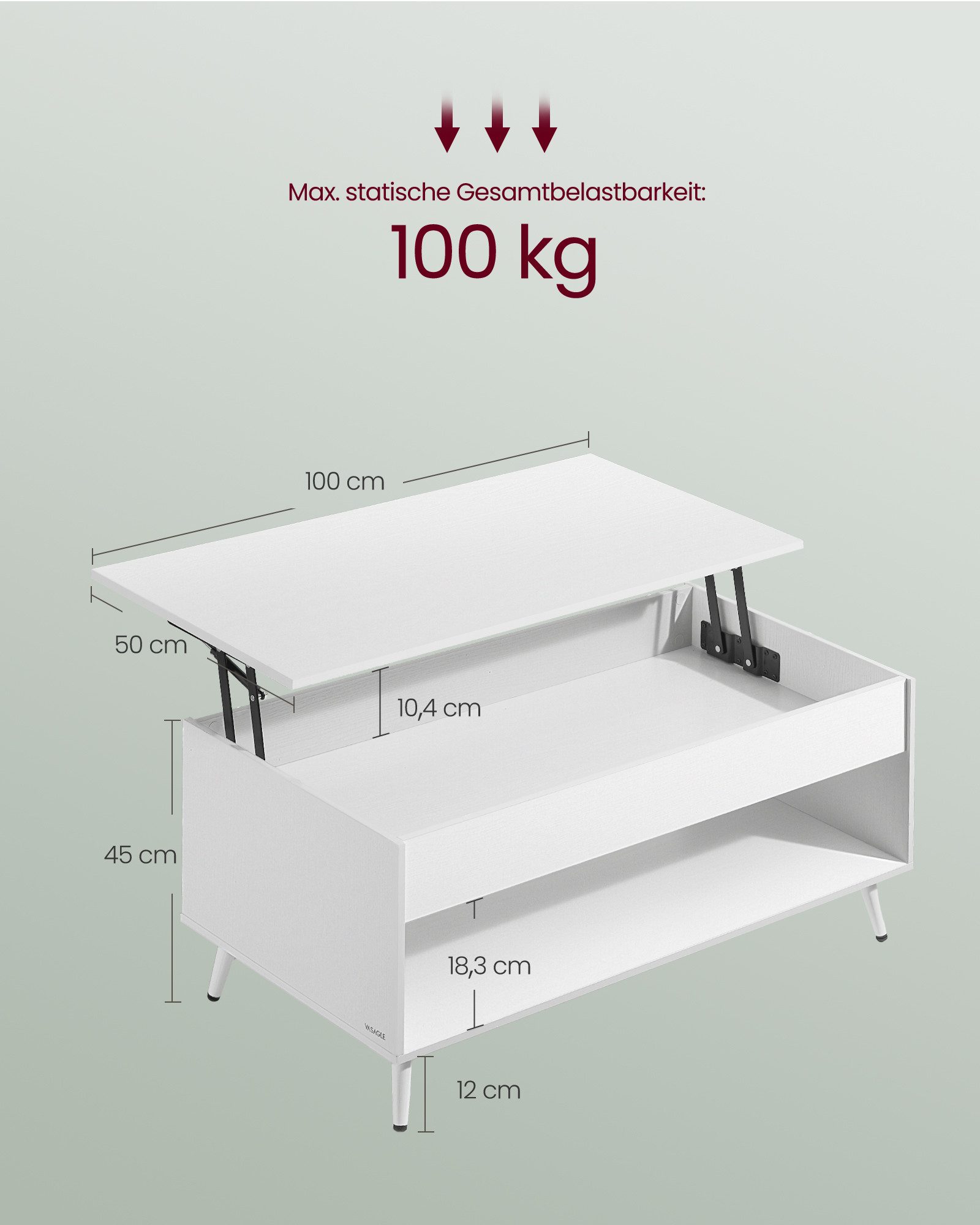 VASAGLE Couchtisch höhenverstellbar, verstecktes Fach, offenes Fach, 50 x 100 x 45/58,5cm (inkl. Zubehörpaket & Anleitung, aufklappbar), Schreibtisch, Basis-Höhenverstellung, Wohnzimmertisch, Kaffeetisch