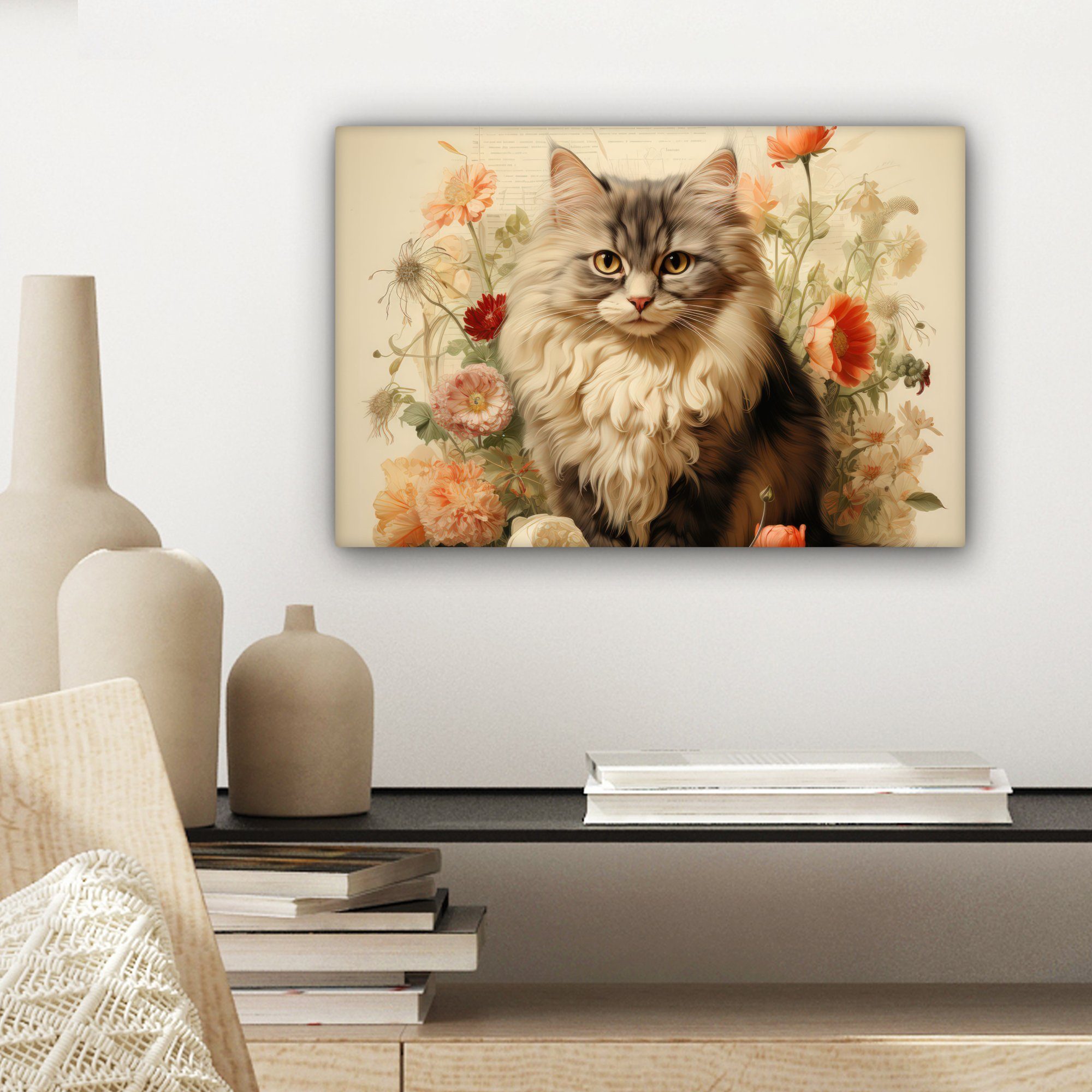St), Weiß - - Aufhängefertig, (1 Katze - Wandbild - Leinwandbild OneMillionCanvasses® Vintage Tiere, cm Wanddeko, Natur 30x20 Leinwandbilder, - Blumen