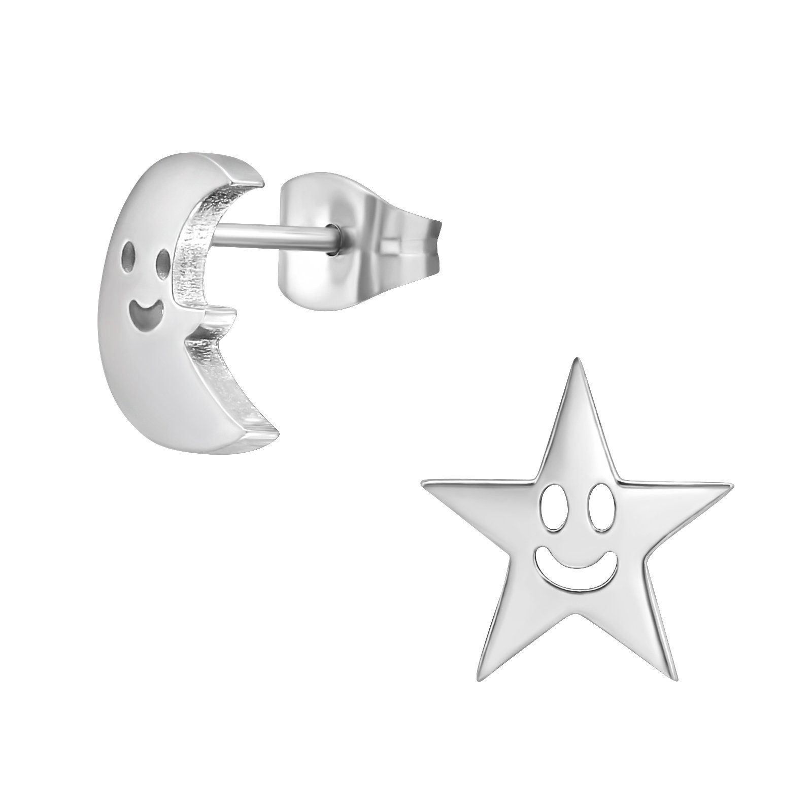 Edelstahl Mond Ohrringe (2 aus verschiedene & 2-tlg), Stern Damen (1 Stück), Ohrring-Set silber für Farben Ohrstecker Ohrschmuck BUNGSA Paar