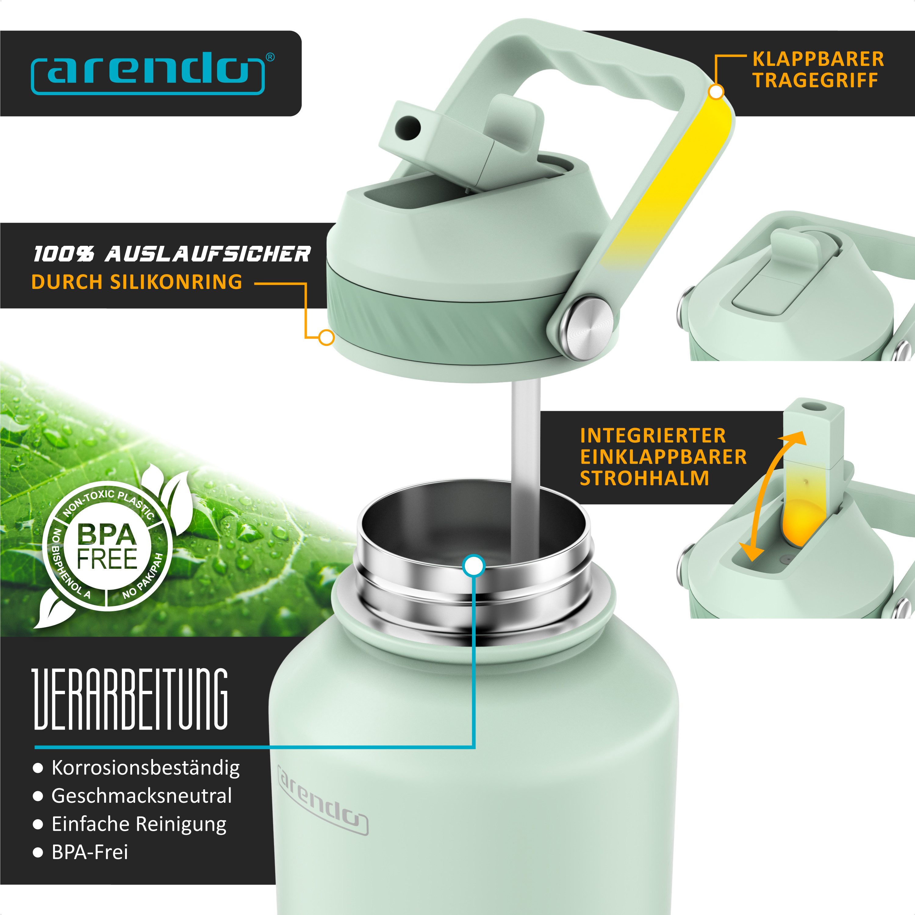 Arendo Thermobecher Travel Mug 1000 ml, Isolierbecher mit Strohhalm, 100% auslaufsicher, 1-tlg., Edelstahl, doppelwandig, Vakuum-Isolierung, dicht, Klappverschluss, Tragegriff