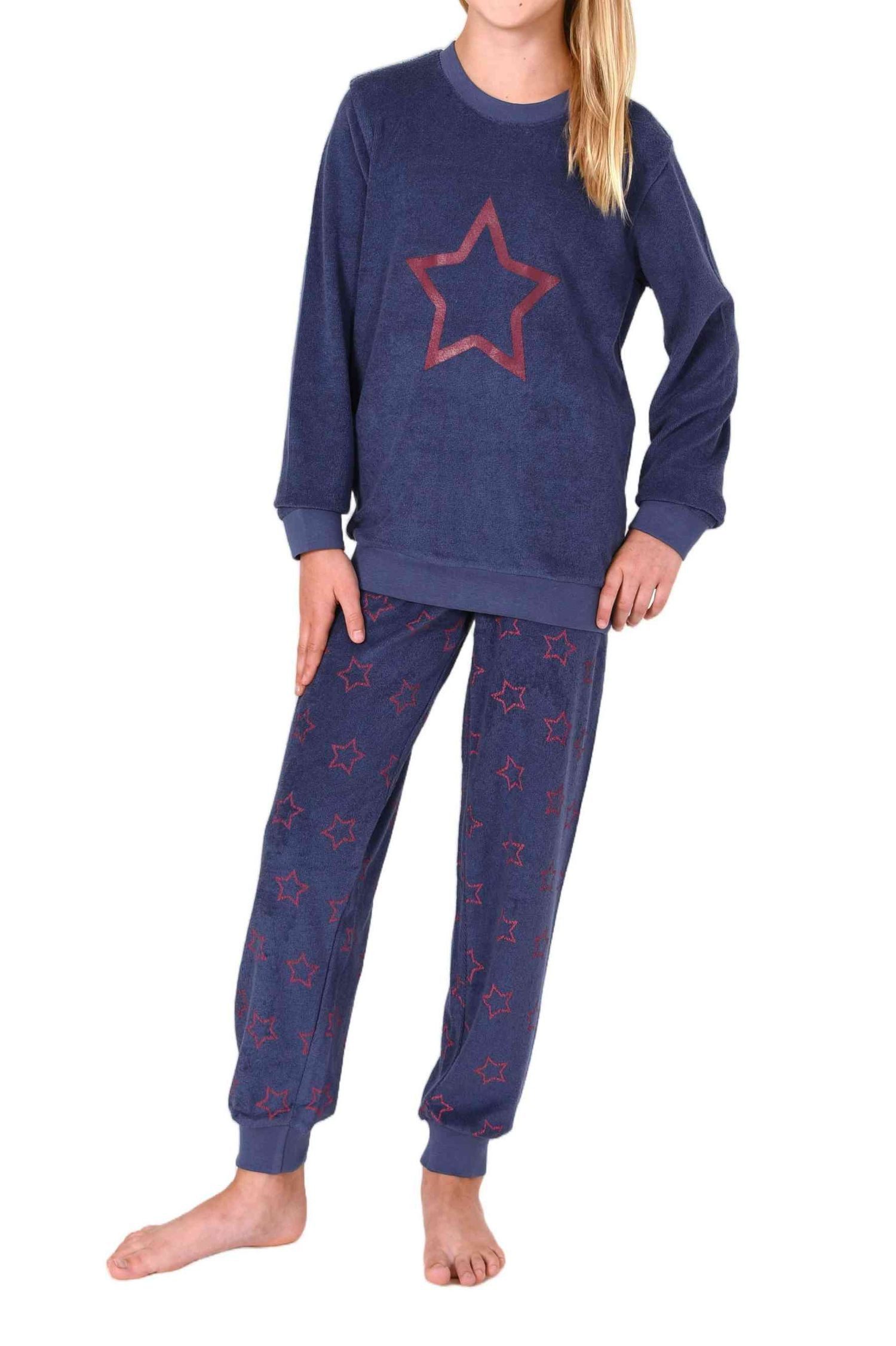Normann Pyjama Normann Mädchen Frottee Schlafanzug lang mit Bündchen + Sterneoptik – Bild 2 von 5