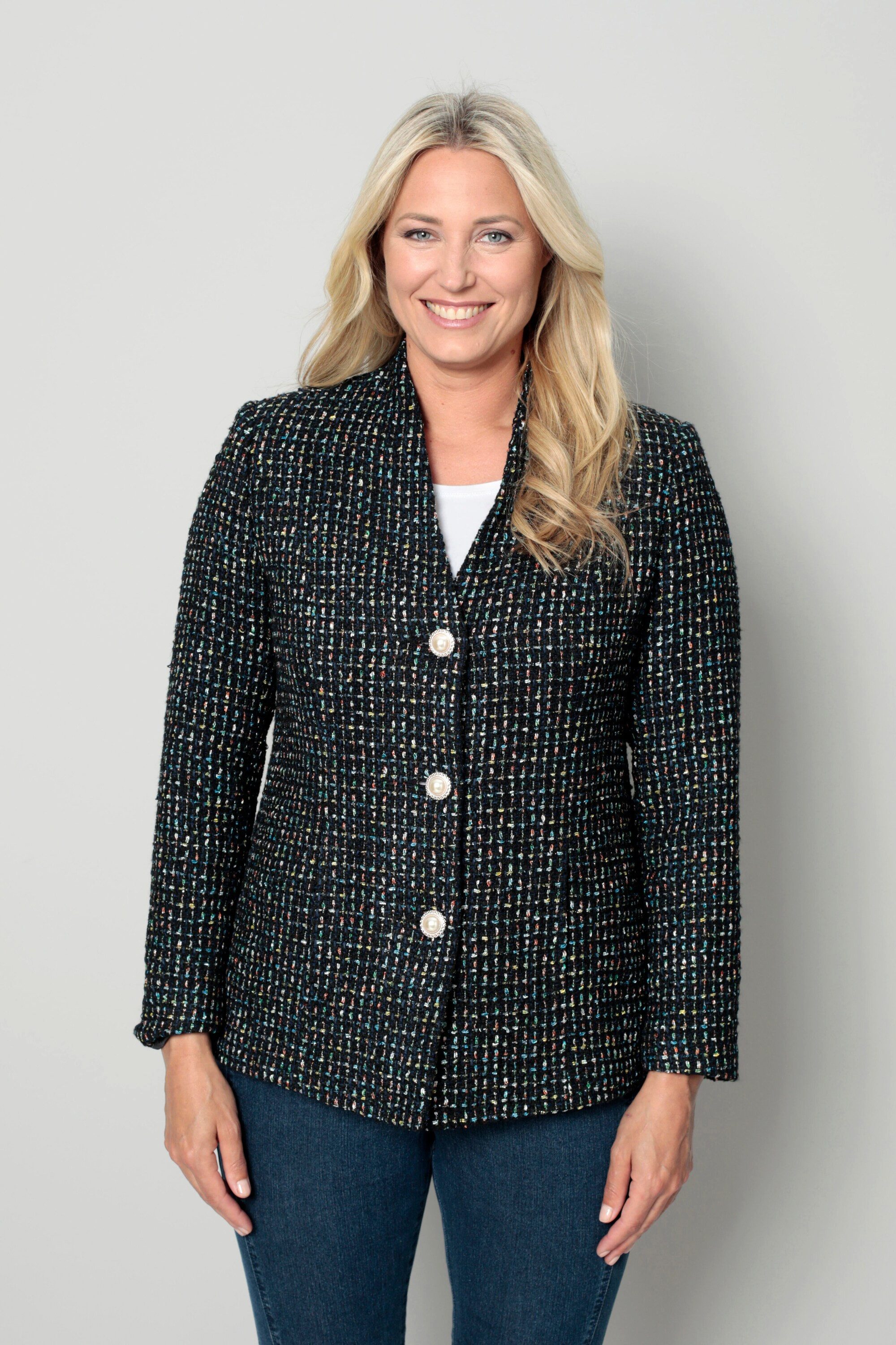 meyermode Blusenblazer Bouclé-Blazer figurumspielend Multicolor-Muster