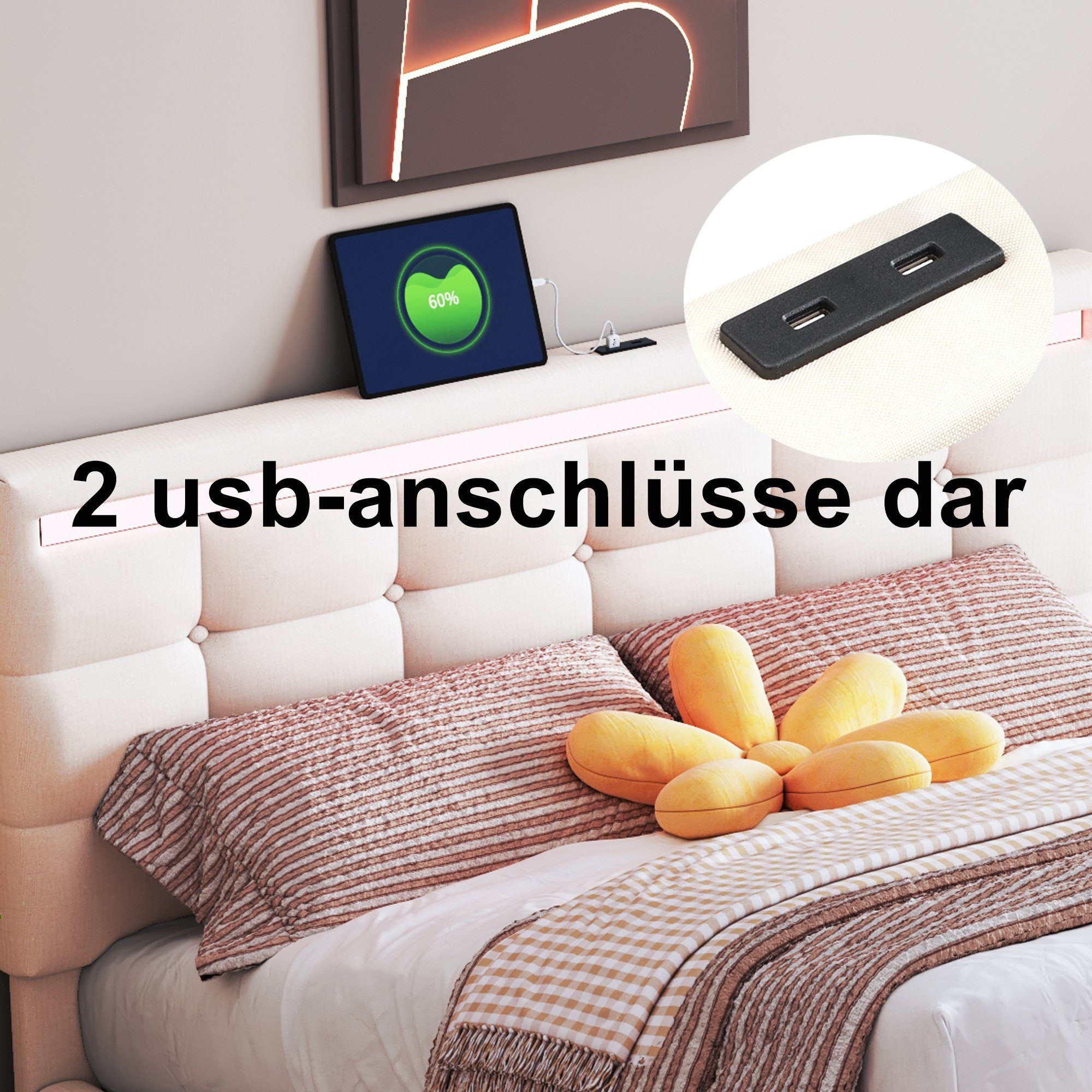 Polsterbett (Hydraulisches Bett mit Bettkasten, Lattenrost und 2 USB-Anschluss), Stauraumbett Funktionsbett 140x200 cm mit LED Beleuchtung, Leinen