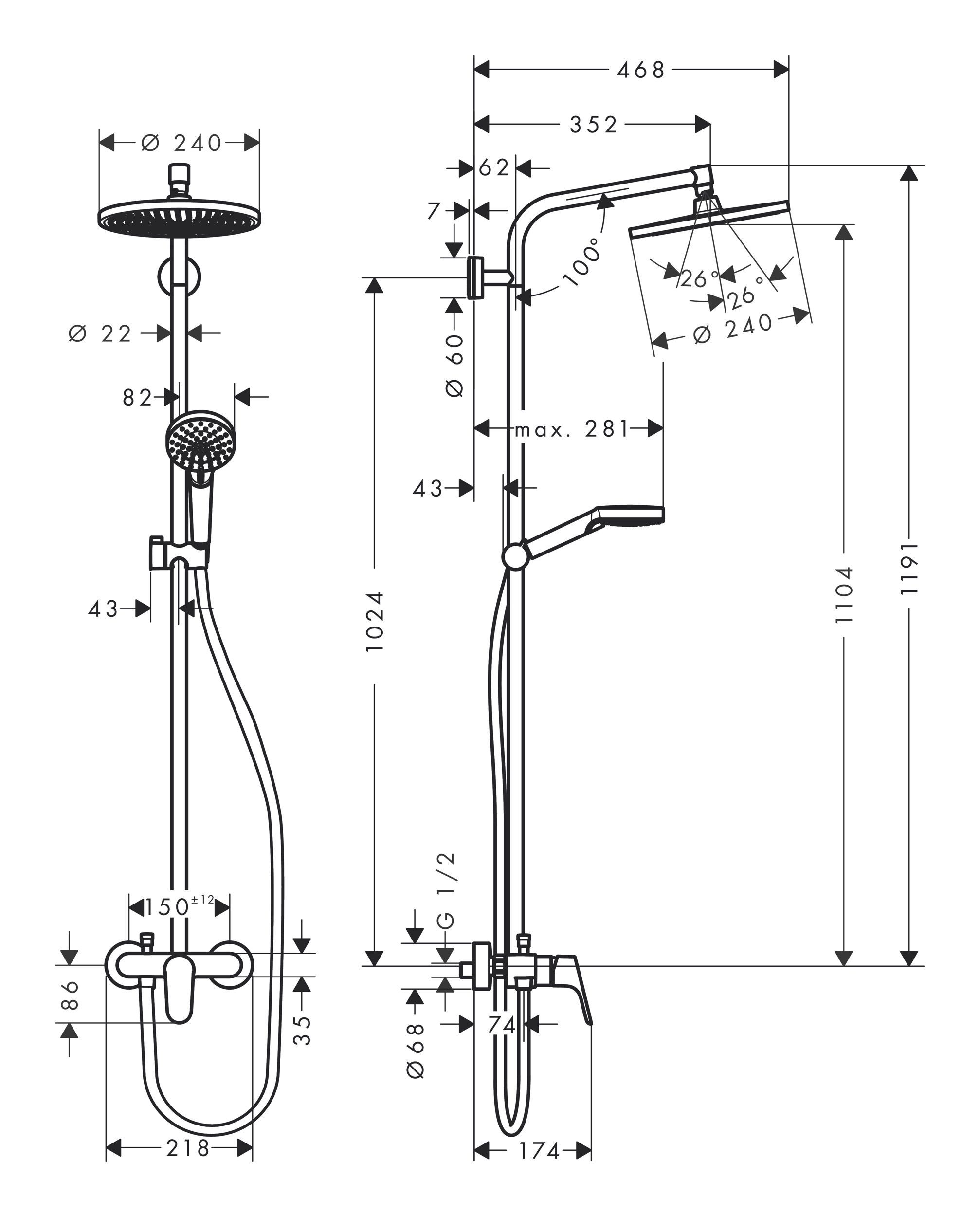 S Duschsystem Höhe Einhebelmischer Showerpipe, cm, 240 - mit 1jet Chrom Crometta 119.1 hansgrohe