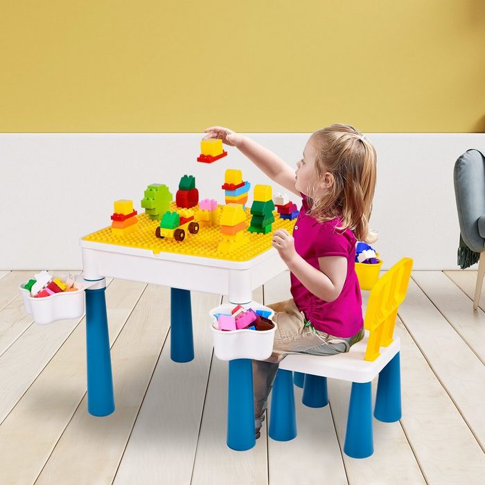 SOFTWEARY Spieltisch 3 in 1 Kindertisch Schreibtisch mit Stuhl Bausteintisch mit 128 Teile Kompatibel Bausteinen Spielzeug 4 Schubladen und 1 Aufbewahrungsraum