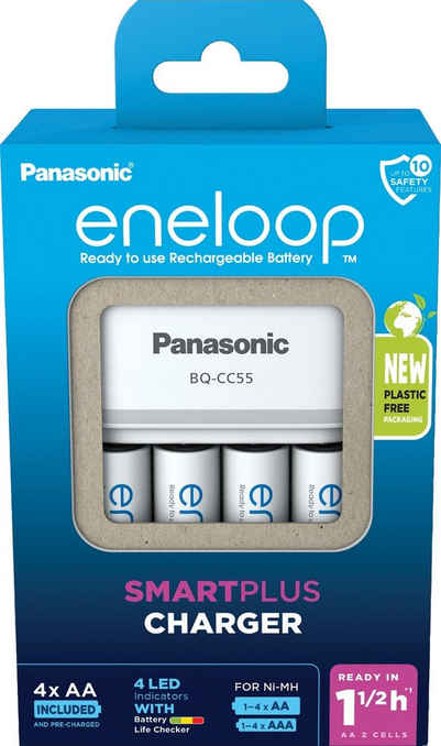 eneloop Eneloop BQ CC55 Mignon AA/Micro AAA Batterie-Ladegerät (NiMH Akku Ladegerät, 1 Stück, inkl. 4 Akkus (AA)