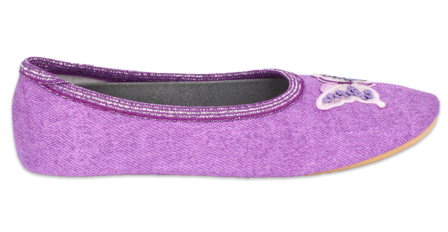 Beck Schläppchen Schmetterling Gymnastikschuh (Trendfarbe lila) Schmetterling mit Pailetten) mit rutschfester Gummi-Laufsohle