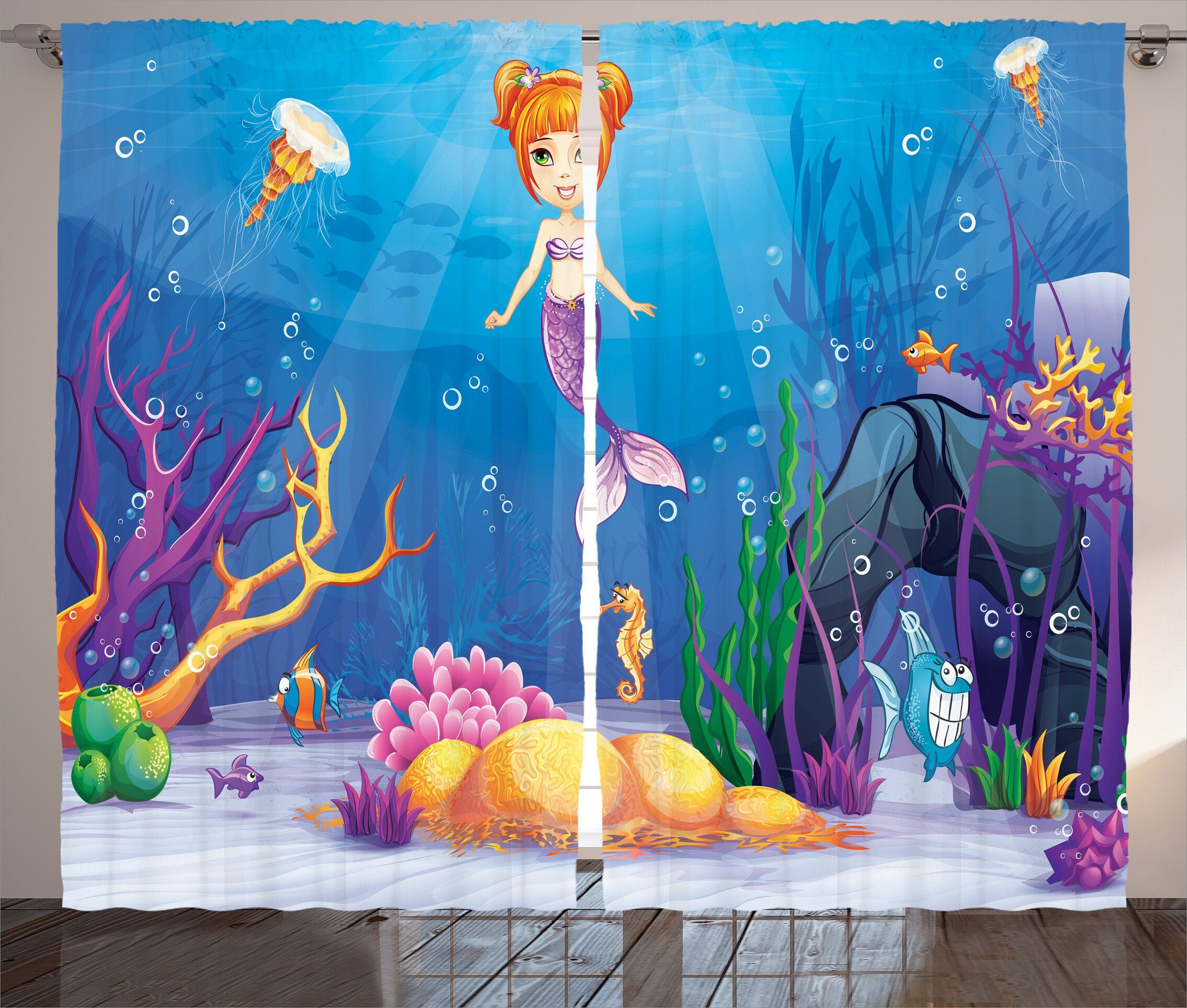 Gardine Schlafzimmer Kräuselband Vorhang mit Schlaufen und Haken, Abakuhaus, Bunt Cartoon Mermaid Fisch