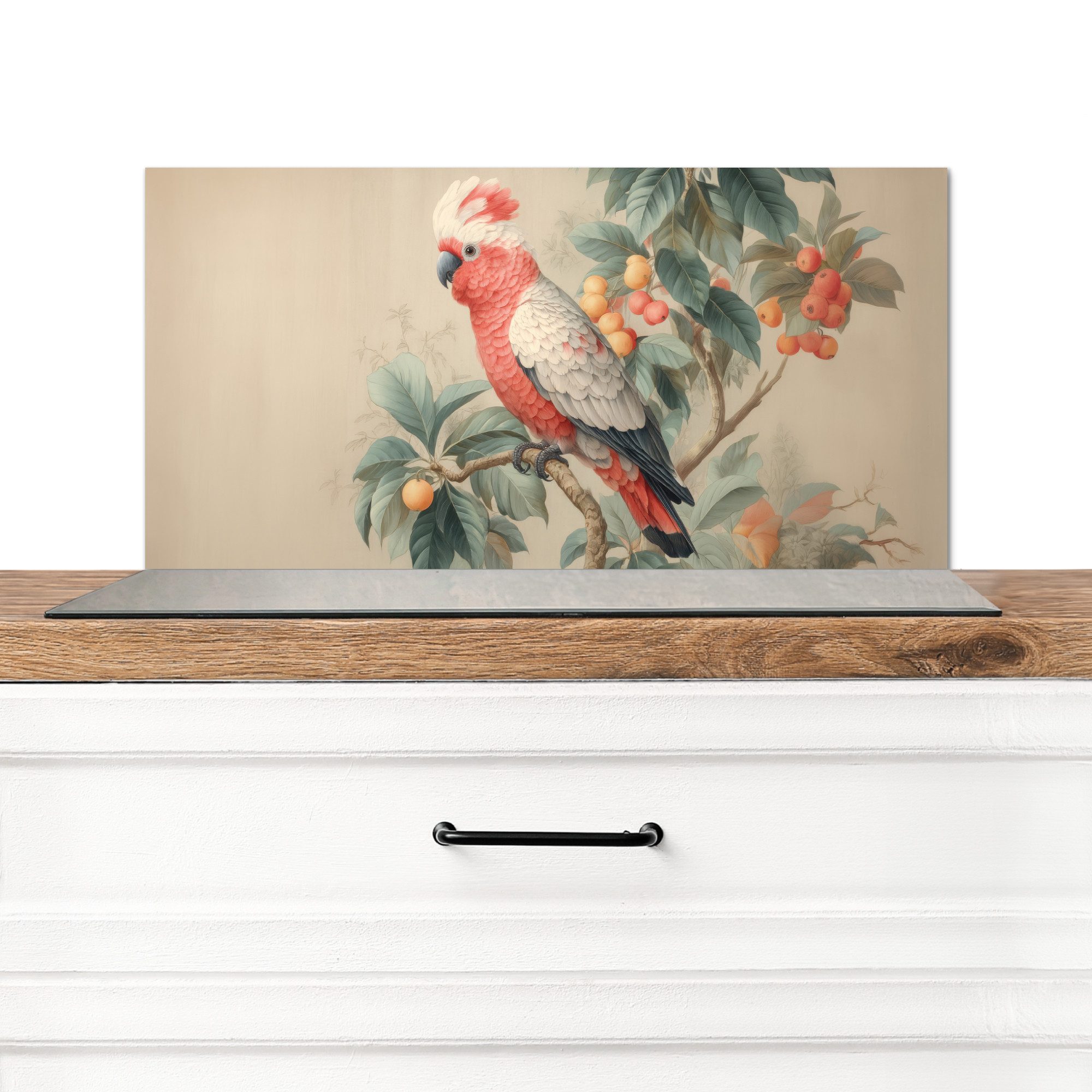 KitchenYeah Küchenrückwand Rosahaubenkakadu - Zweig mit Früchten - Blätter, (1-tlg), Spritzschutz Küchenrückwand, Wandschutz, 60x30 cm