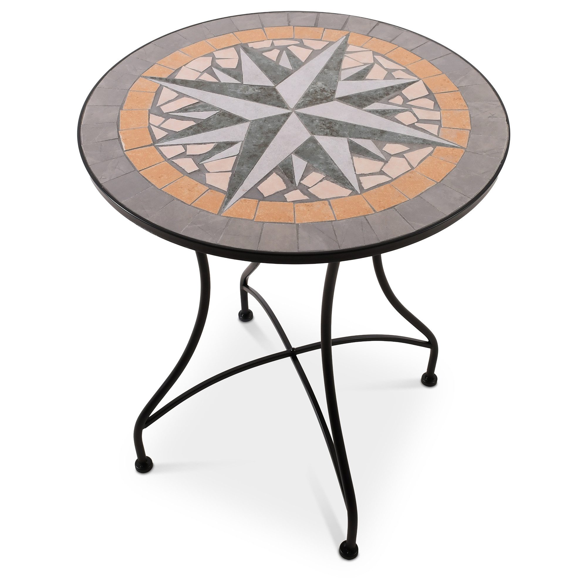 Raburg Gartentisch Mosaiktisch, Balkon- und Terrassentisch, 60 cm Ø, 72 cm hoch, Mayla (rund), liebevolle Handarbeit, Mosaikmuster, schwarzes Metallgestell