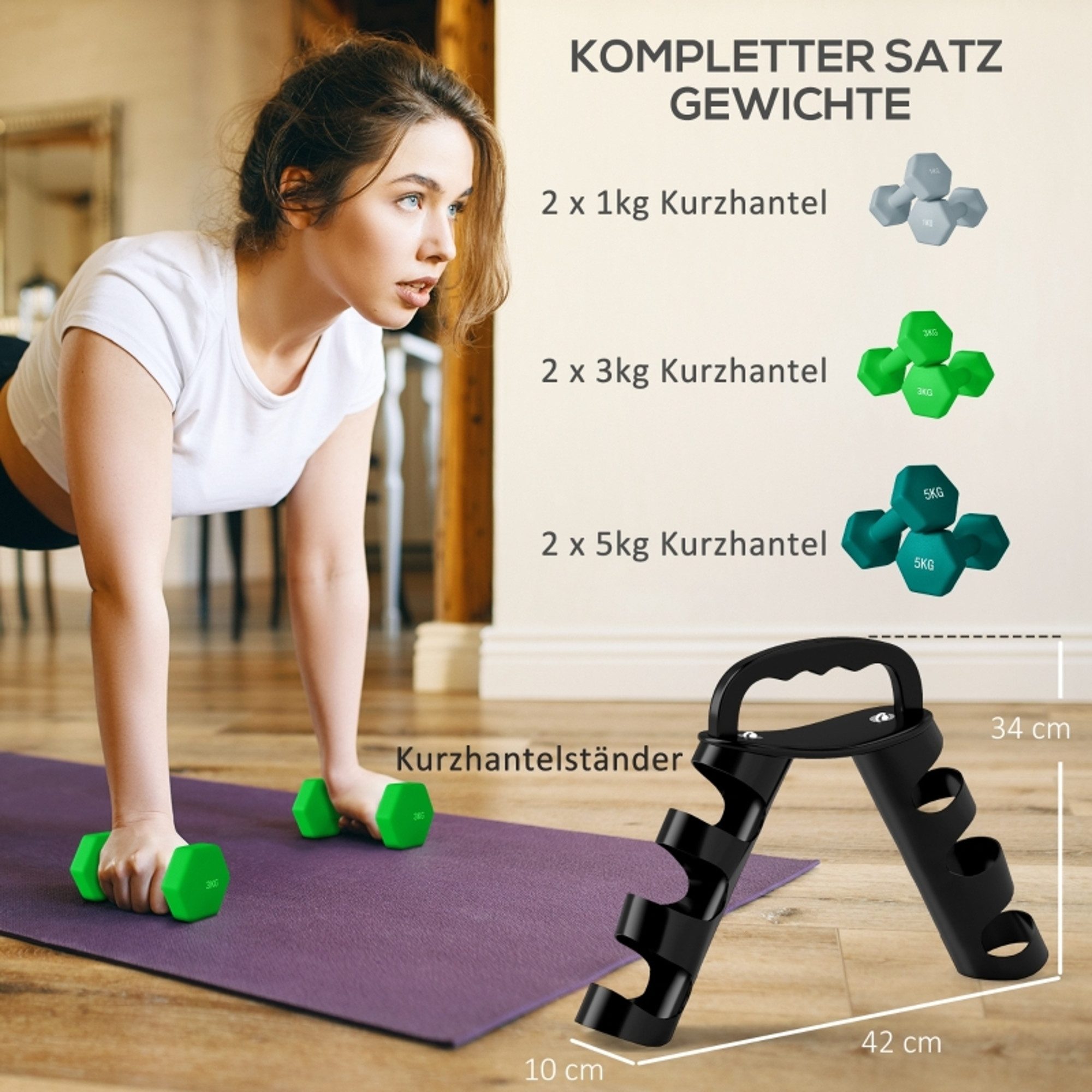 MC Star Hantel-Set mit Aufbewahrungsgestell, Set mit 6 Hanteln für Fitness-Training, 2 x 1kg, 2 x 3kg, 2 x 5kg