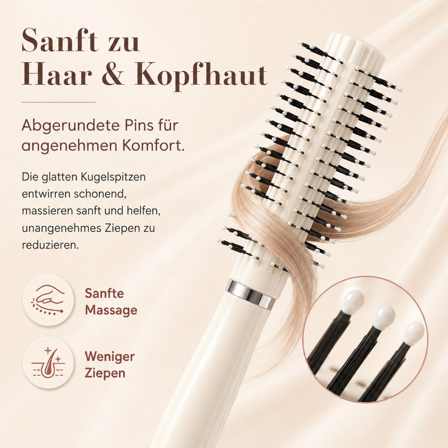 Fyrove Haarkamm Lockenbürste Rundbürste für Damen, (Massagebürste mit abgerundeten Pins, Stylingbürste für Locken, Wellen & glattes)