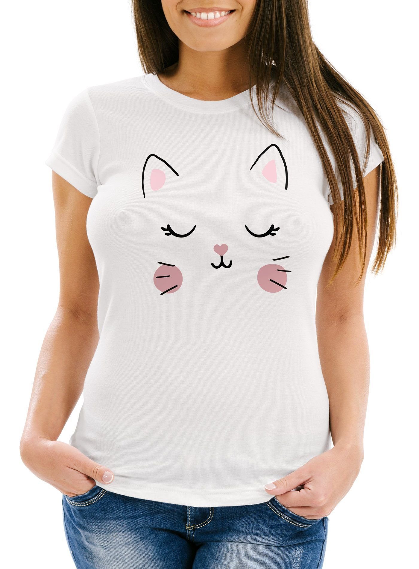 MoonWorks Print-Shirt Damen T-Shirt Katze Print Tiergesichter mit Cat Moonworks® Slim Katzengesicht Fit