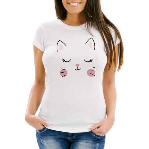 MoonWorks Print-Shirt Damen T-Shirt Katze Katzengesicht Cat Tiergesichter Slim Fit Moonworks® mit Print