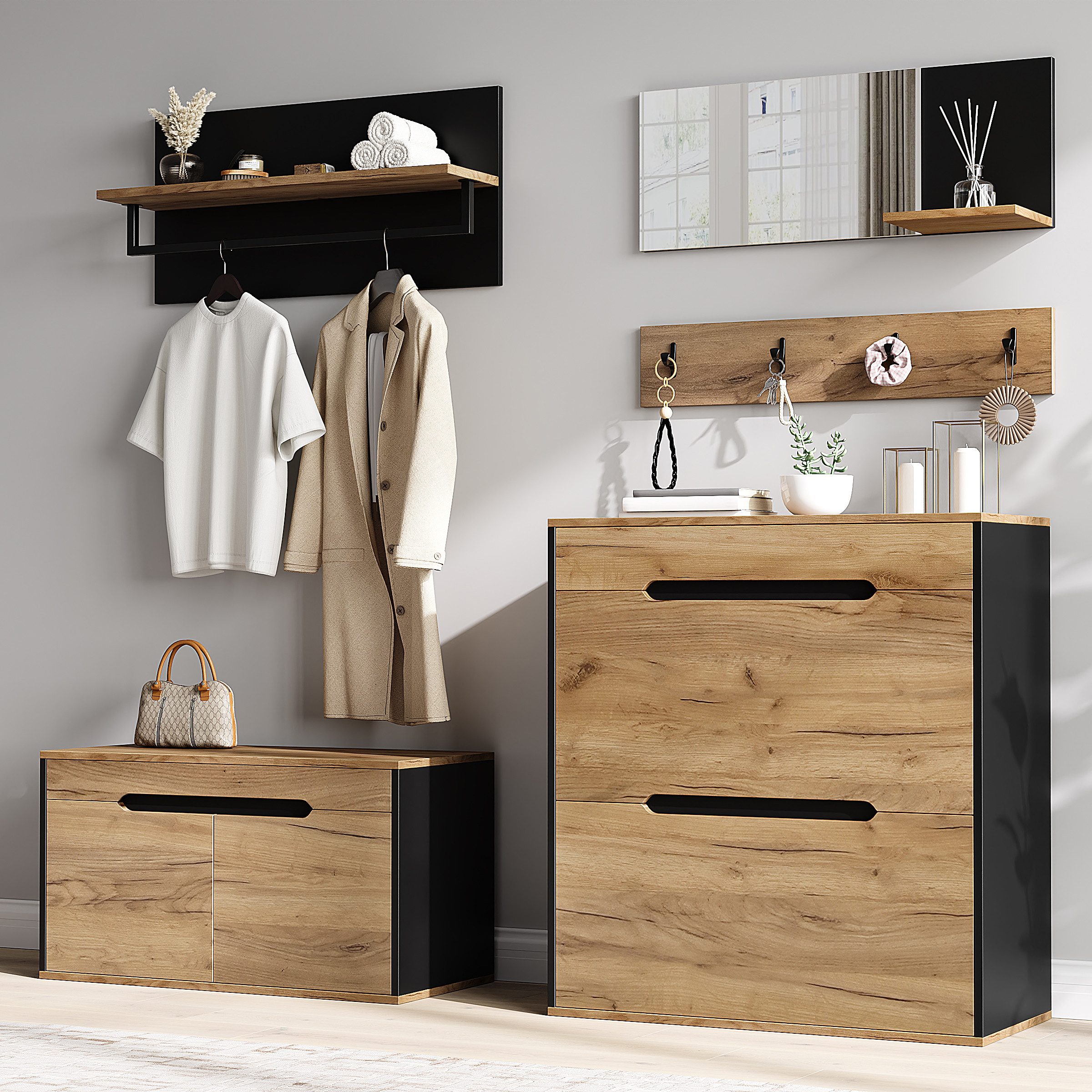 STILVORA Garderobenschrank Schminkkommode mit Spiegel 2 Schuhschrank mit 4 Haken (Flurmöbel-Set, 156×36×176 cm, modular, mit Wandregal, MDF, Spanplatte, Klappfächer, Ganzkörperspiegel, Filzgleiter) für Küche, Esszimmer, Wohnzimmer, Vorratsraum, Hauswirtschaftsraum