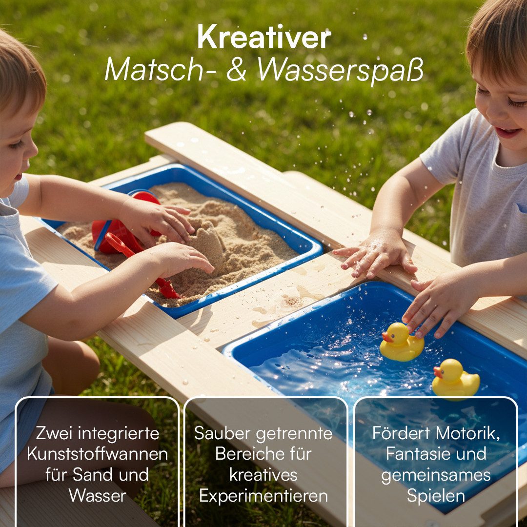 Bellabino Kindersitzgruppe Inny Outdoor-Bank aus Holz, (Tisch und Bänke, inkl. 2 Wannen, Sitzgruppe), für 4 Personen, unbehandelt, Kindermöbelset aus Kiefer Massivholz