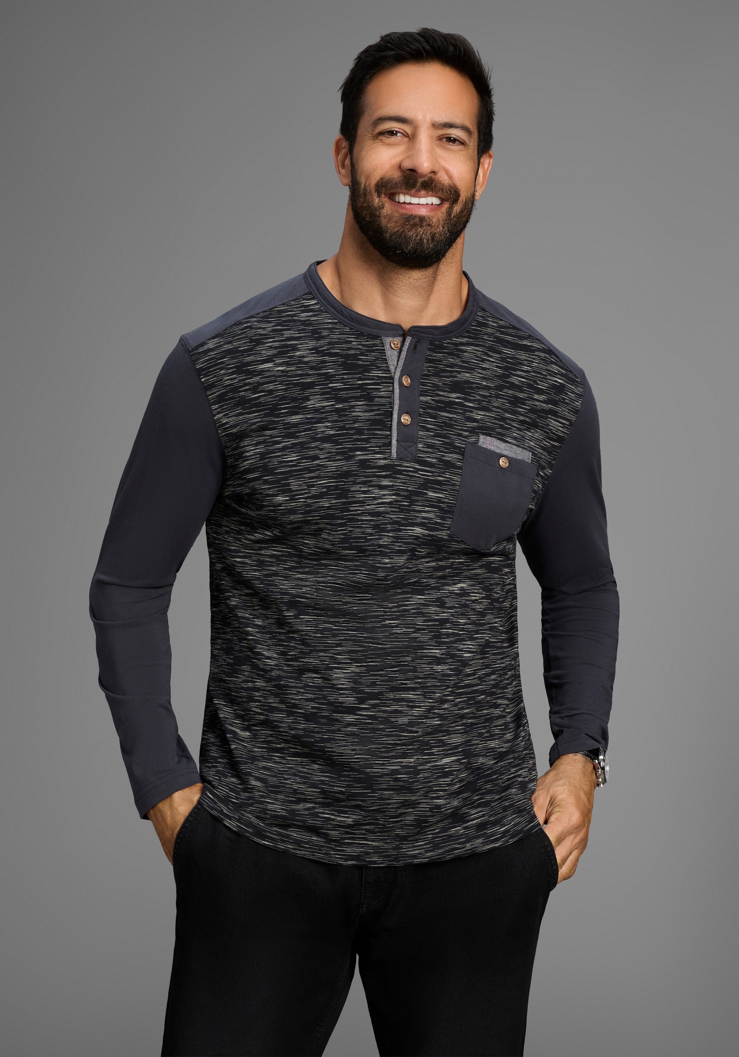 Arizona Longsleeve Langarm, melierte Optik, Rundhalsausschnitt mit Knopflei günstig online kaufen