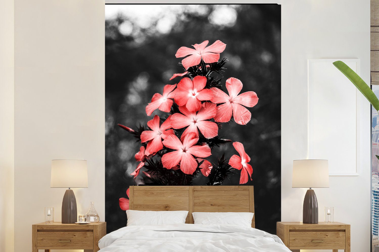 MuchoWow Fototapete Blumen - Rosa - Farbe, Matt, bedruckt, (3 St), Montagefertig Vinyl Tapete für Wohnzimmer, Wandtapete