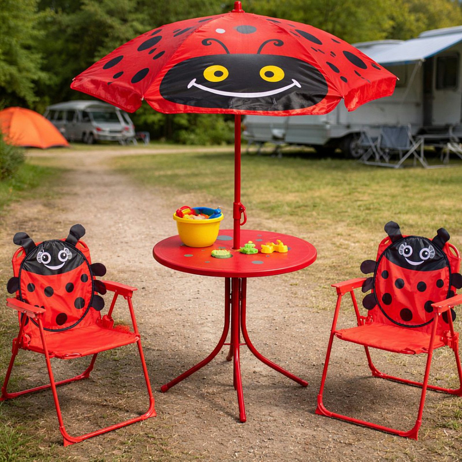Koopman Garten-Kindersitzgruppe Sitzgruppe Strandstuhl Strandschirm Tisch Kindermöbel 4tlg, (Set, 4-tlg., Packung), Marienkäfer-Design, Faltstuhl, Rot / Schwarz, Kinder, Outdoor