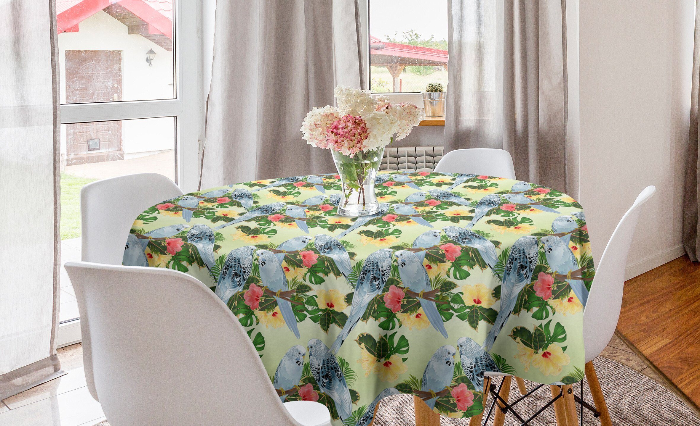 Abakuhaus Tischdecke Kreis Tischdecke Abdeckung für Esszimmer Küche Dekoration, Hibiskus Vögel Zusammensetzung Blätter