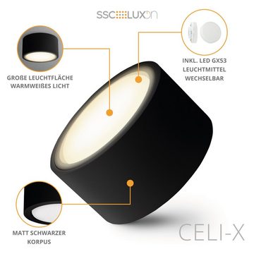 SSC-LUXon Aufbauleuchte CELI-X flacher LED Aufbauspot dimmbar rund schwarz mit 6,5W LED GX53, Warmweiß
