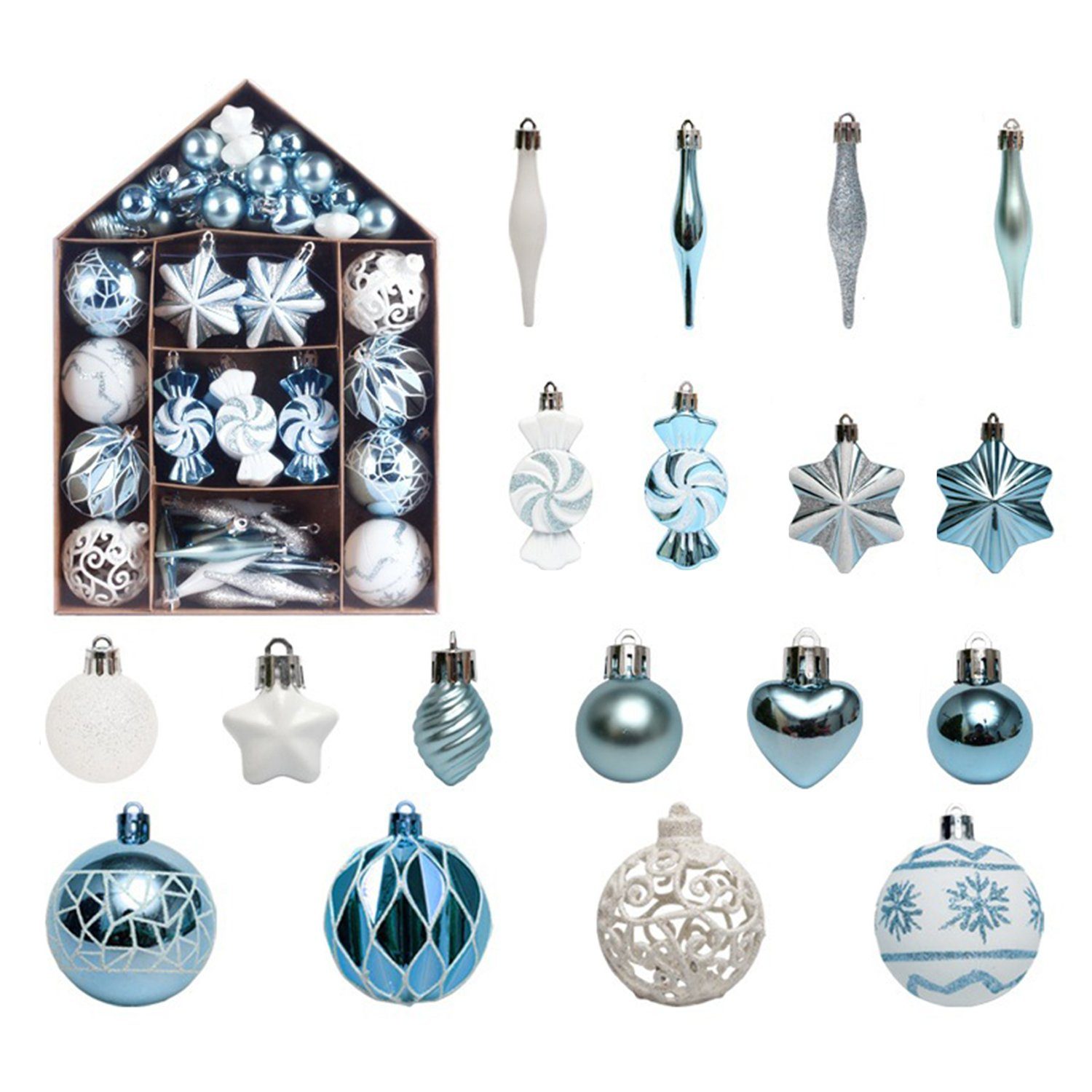73tlg MAGICSHE Hellblau/Weiß Ornamente-Set Weihnachtsdeko Weihnachtsbaumkugel