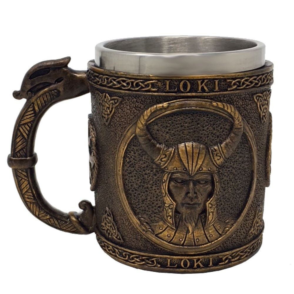 MystiCalls Bierkrug Krug Loki - Götterkrug Wikinger Met, 1-tlg., Polyresin, Herausnehmbarer Metalleinsatz