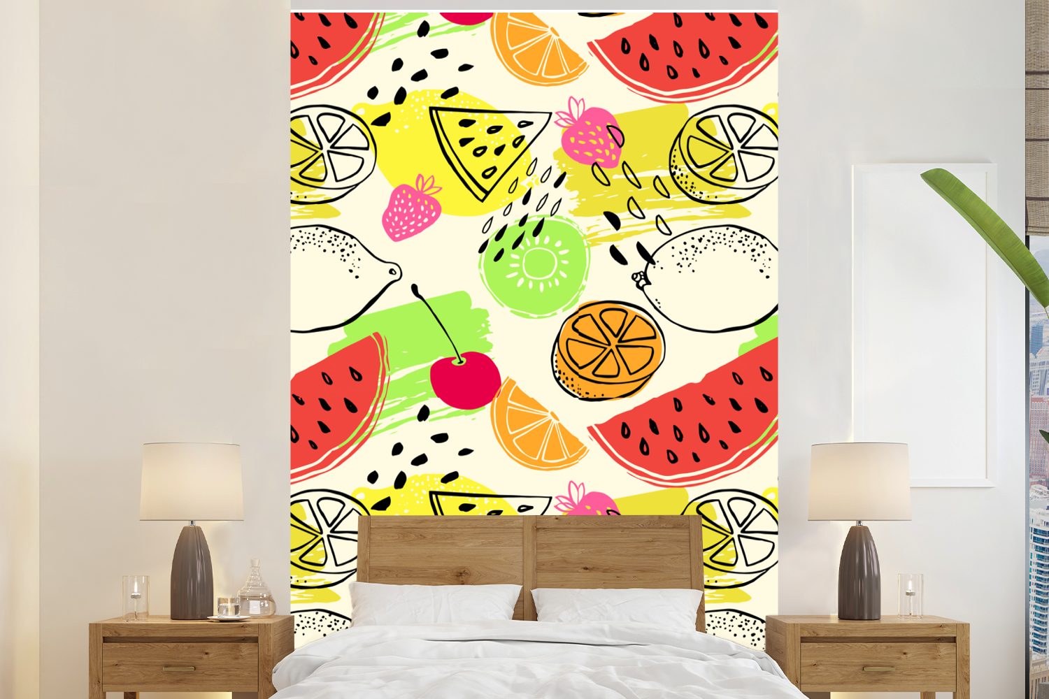 MuchoWow Fototapete Wassermelone - bedruckt, Montagefertig Wohnzimmer, - Schablonen, Zitrone Matt, Tapete (3 für Vinyl Wandtapete St)