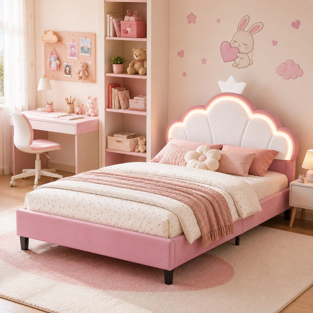 Simurq Prinzessinbett 140x190cm Mädchen Bett Mit LED, Kopfteil Kronenförmiges Und Lattenrost (ohne Matratze), Polsterbett Kinderbett mit Gepolstertem Kopfteil, Samt