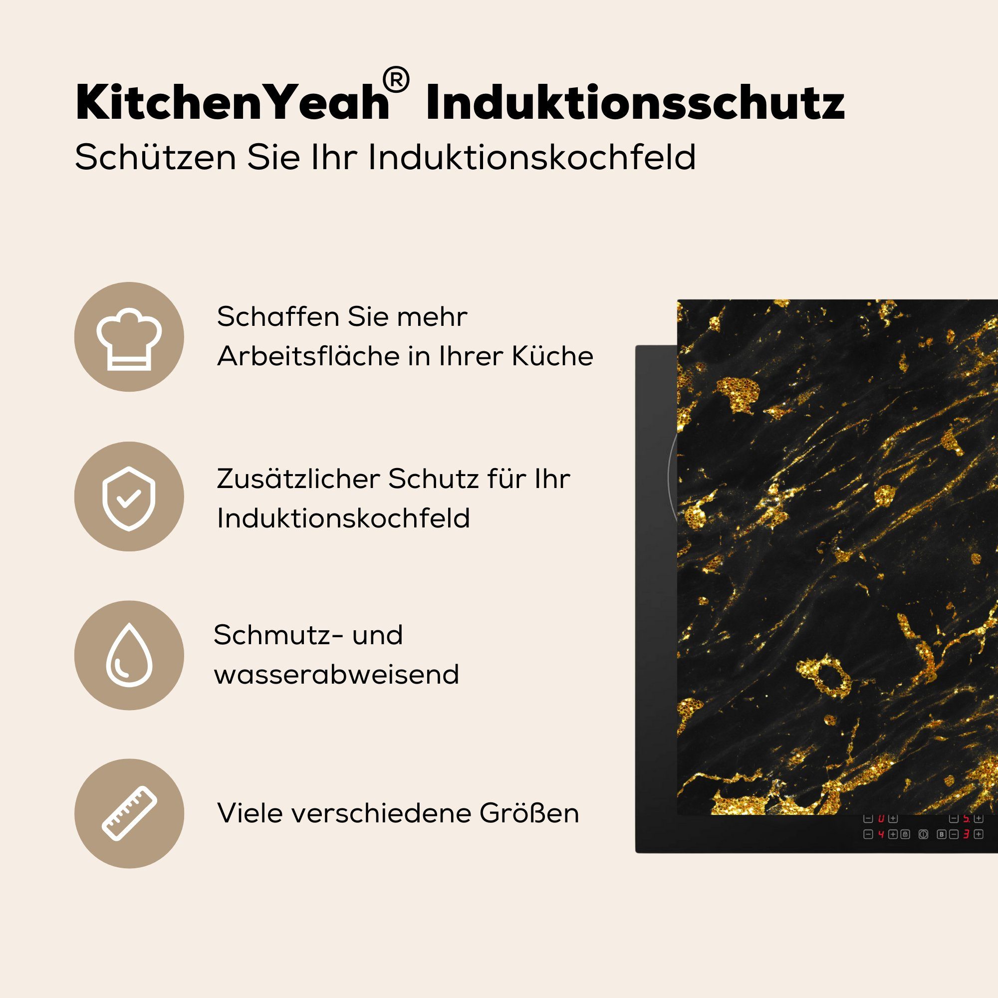 Arbeitsplatte für Marmor küche Schwarz tlg), Gold Vinyl, MuchoWow Herdblende-/Abdeckplatte cm, (1 Stein, - - - 78x78 Ceranfeldabdeckung,