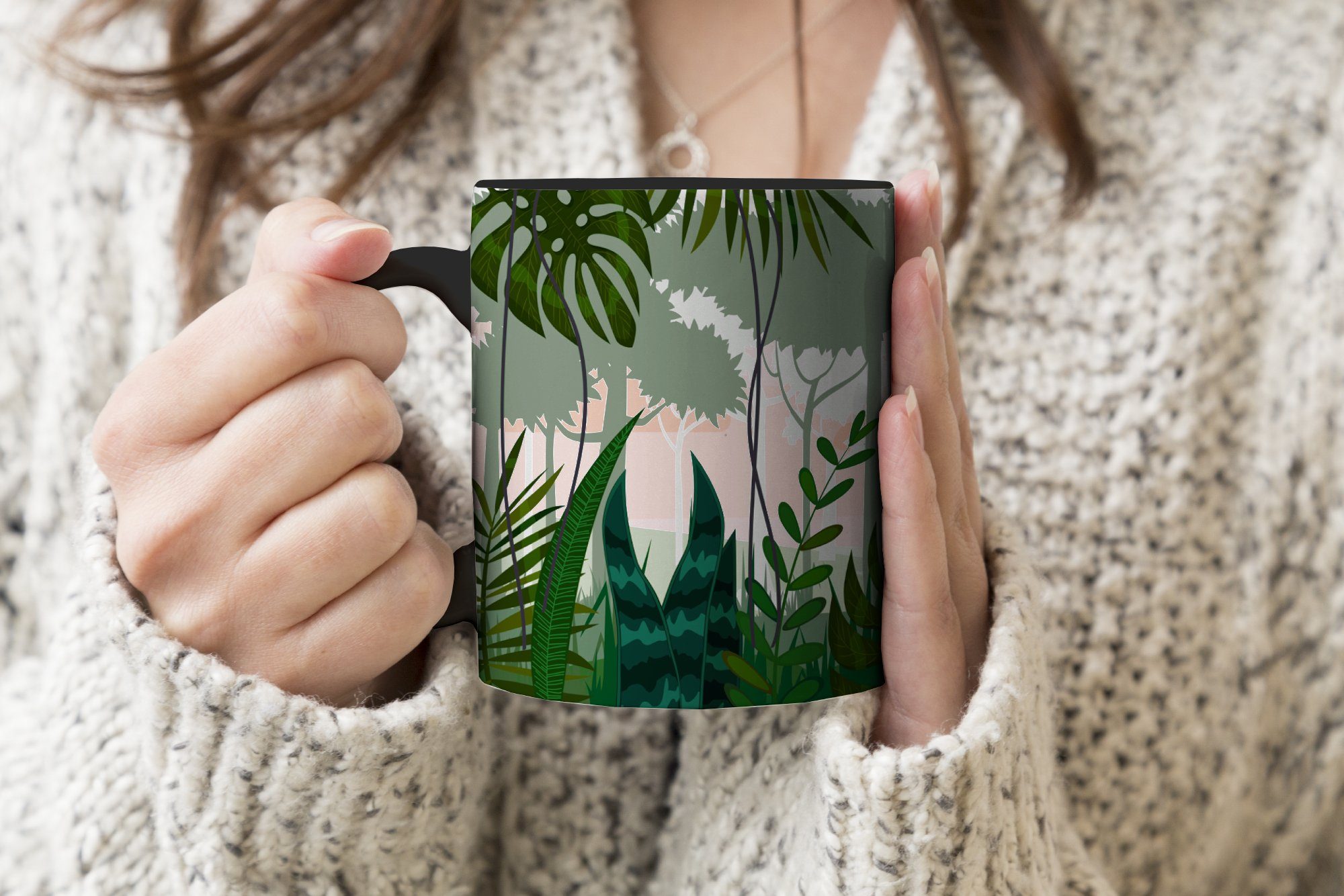 MuchoWow Tasse Dschungel Teetasse, Kinder, - Pflanzen Tropisch - - Junge Geschenk - Keramik, Kaffeetassen, Mädchen Farbwechsel, Zaubertasse, 