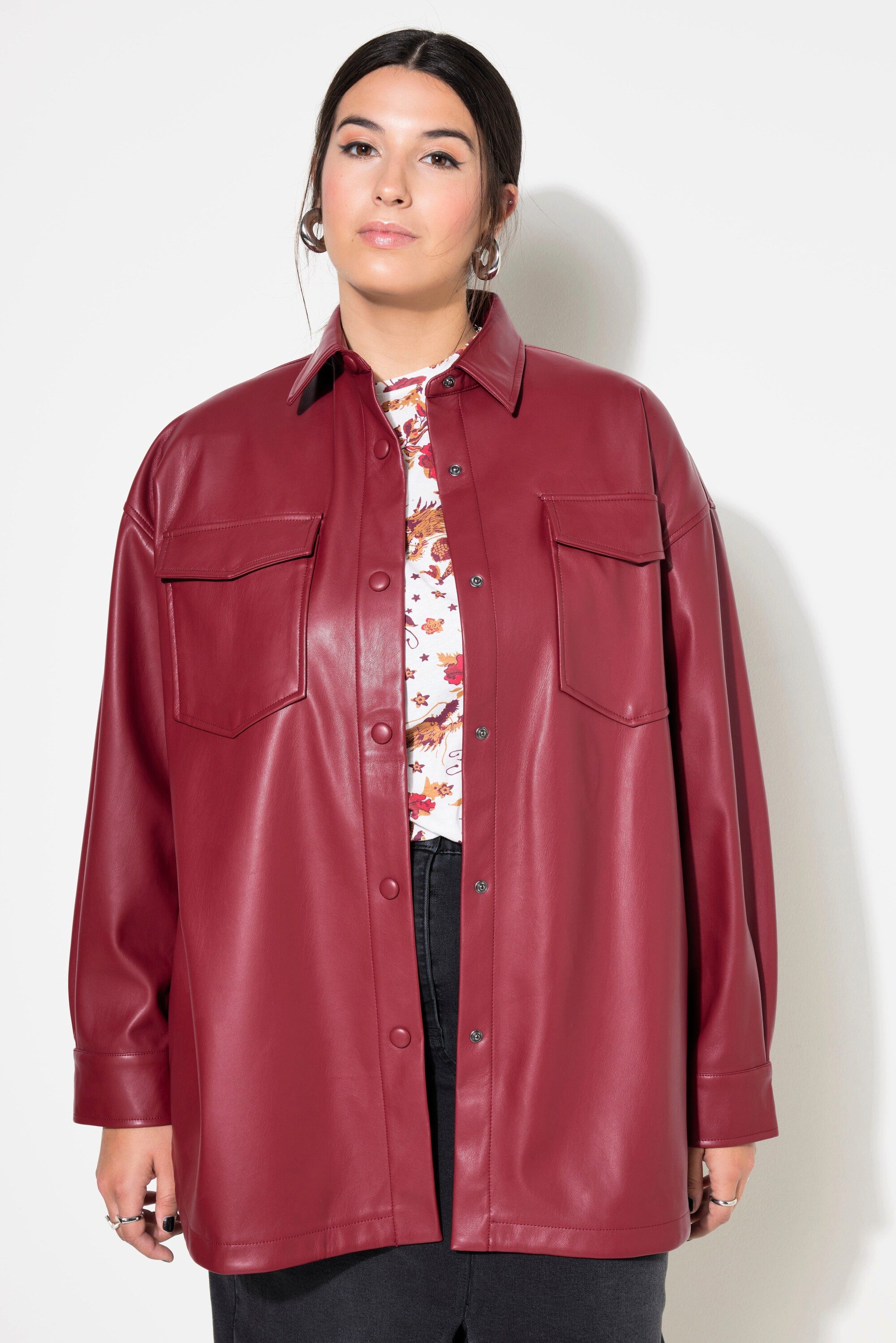 Hemdbluse Lederoptik-Hemd oversized Brusttaschen Langarm