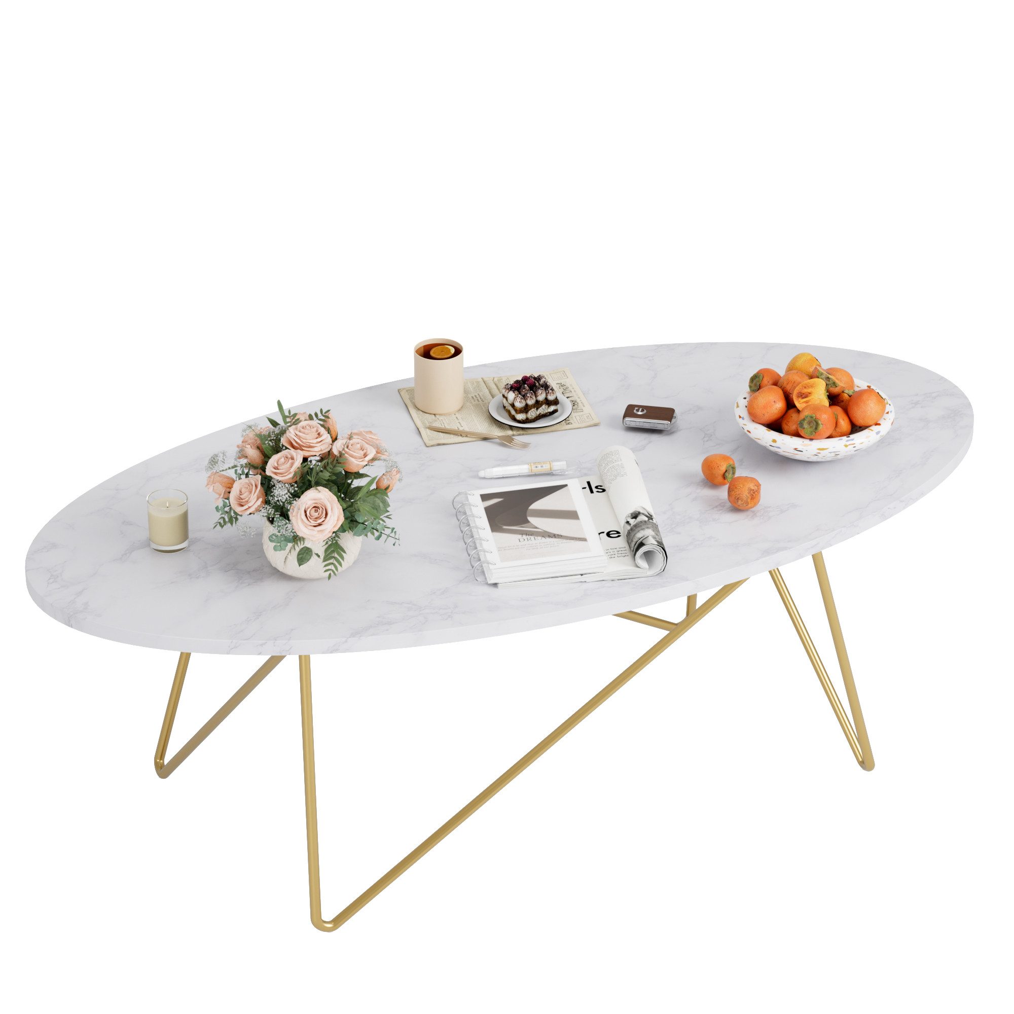 Homfa Couchtisch, Marmor Optik Wohnzimmertisch Oval Sofatisch 120 x 60 cm weiß gold